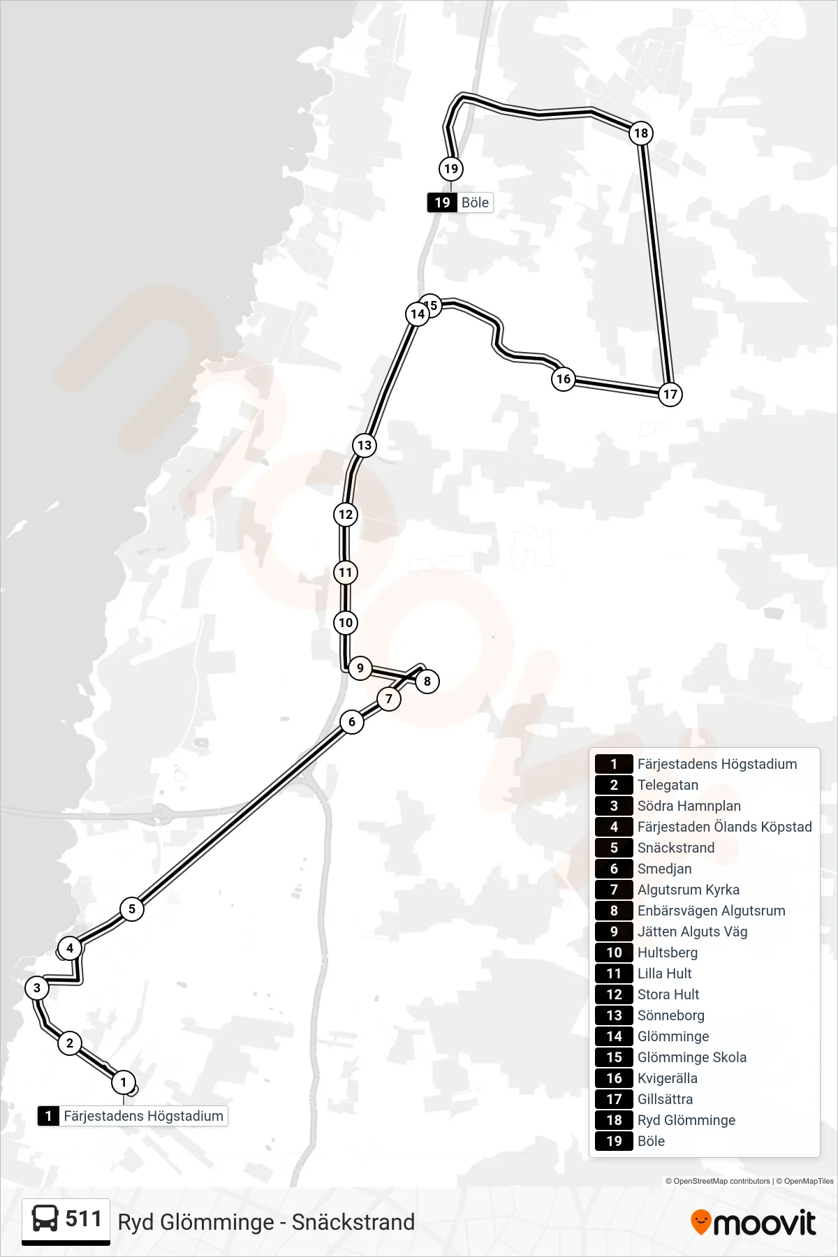 Rutt och hållplatser på karta för linje 511  spårvagn, (Böle)