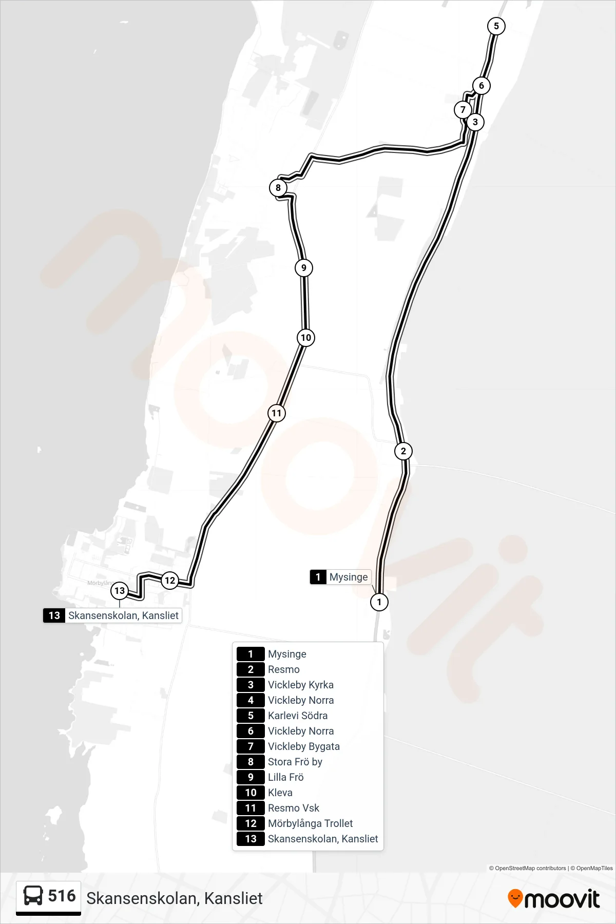 Rutt och hållplatser på karta för linje 516  spårvagn, (Skansenskolan, Kansliet)