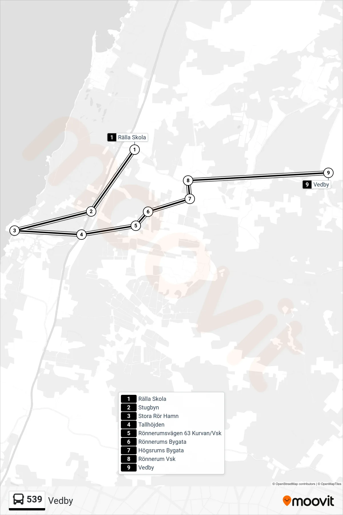 Rutt och hållplatser på karta för linje 539  spårvagn, (Vedby)