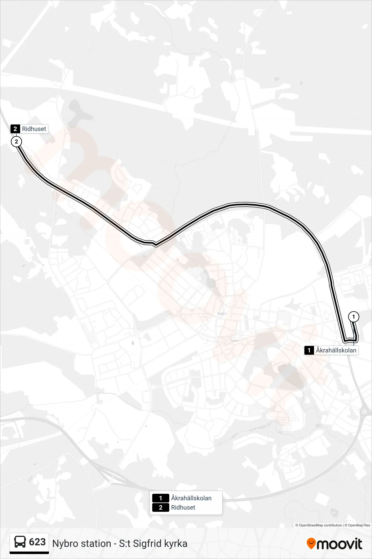 Rutt och hållplatser på karta för linje 623 spårvagn, (Ridhuset)
