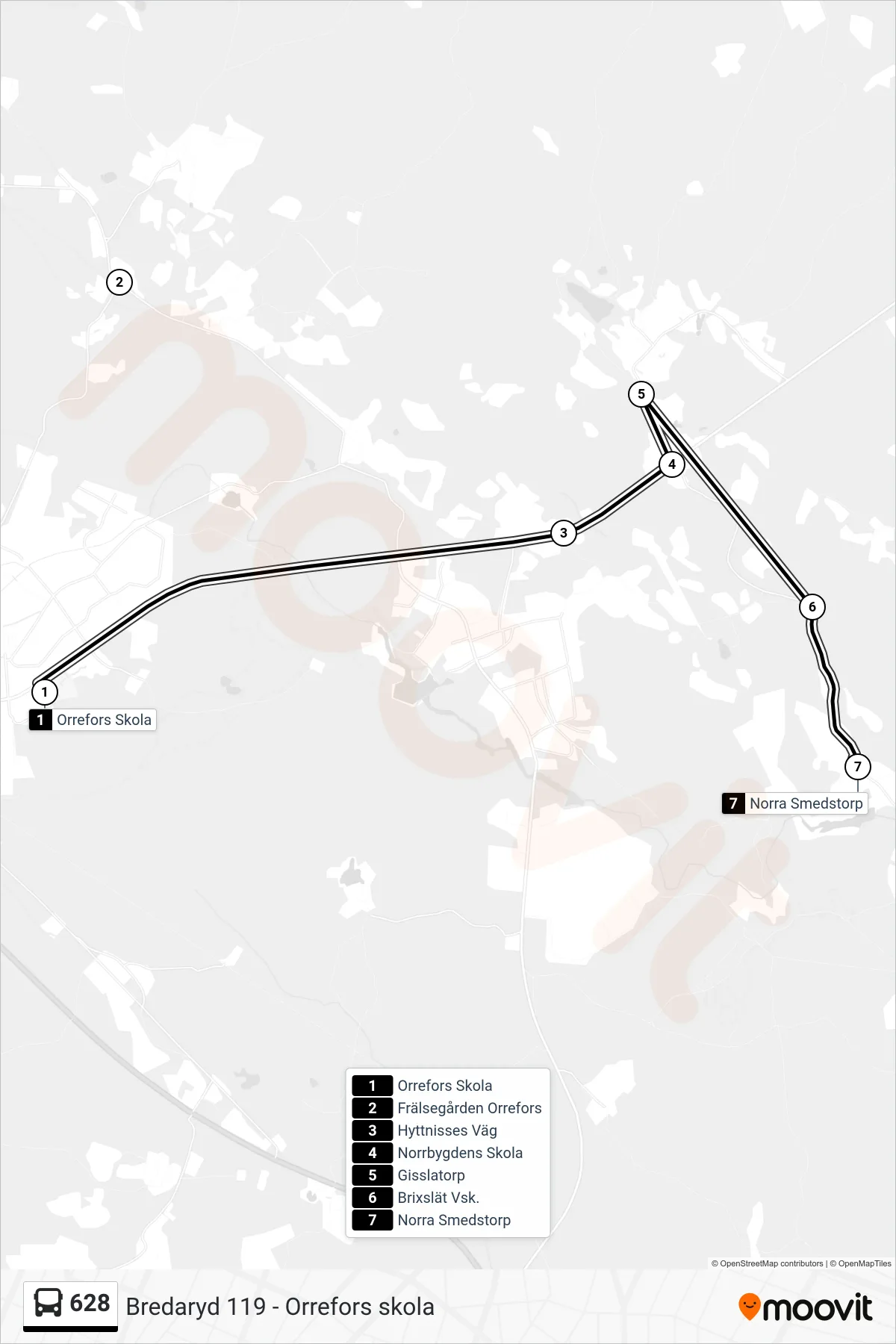 Rutt och hållplatser på karta för linje 628  spårvagn, (Norra Smedstorp)