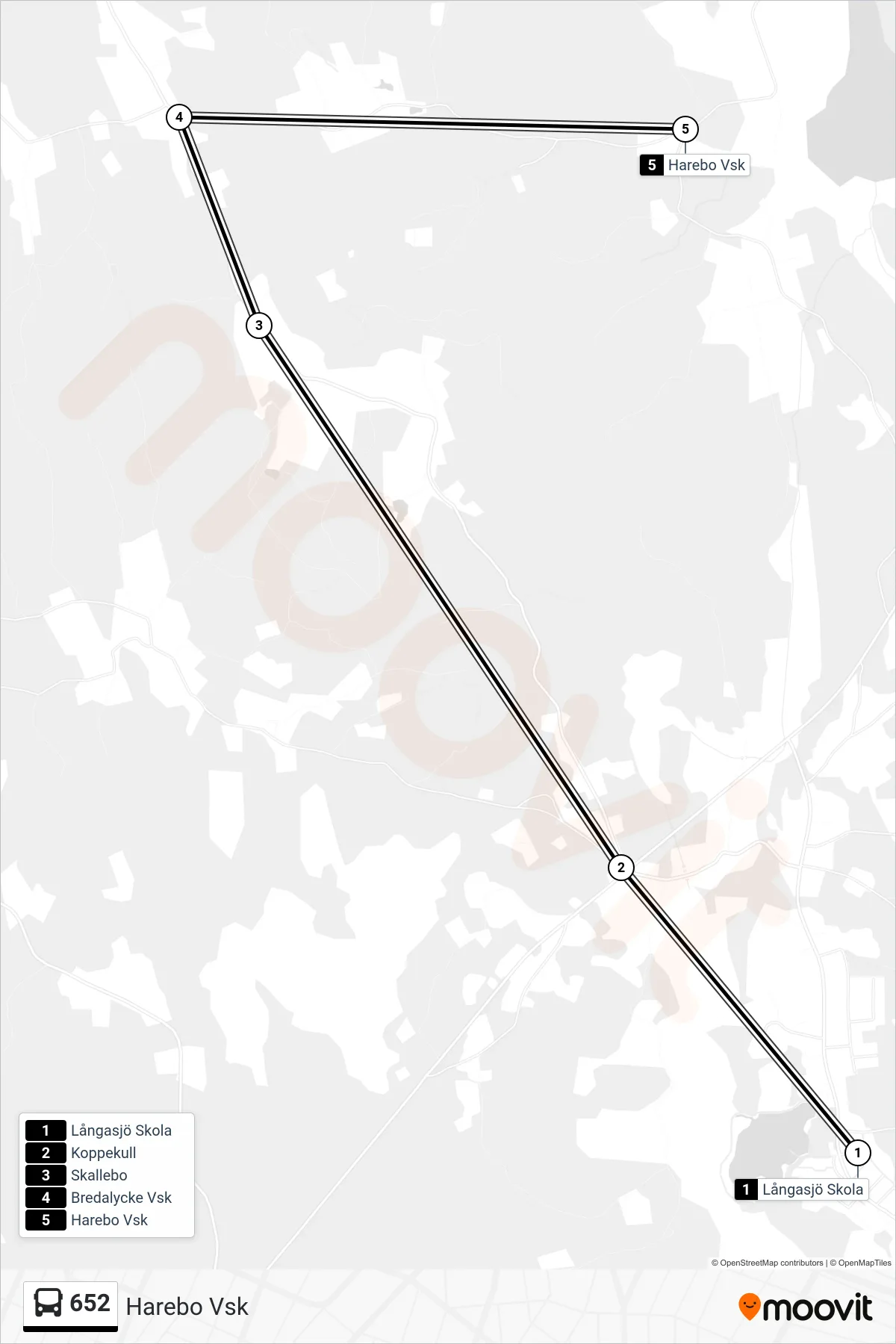 Rutt och hållplatser på karta för linje 652 spårvagn, (Harebo Vsk)