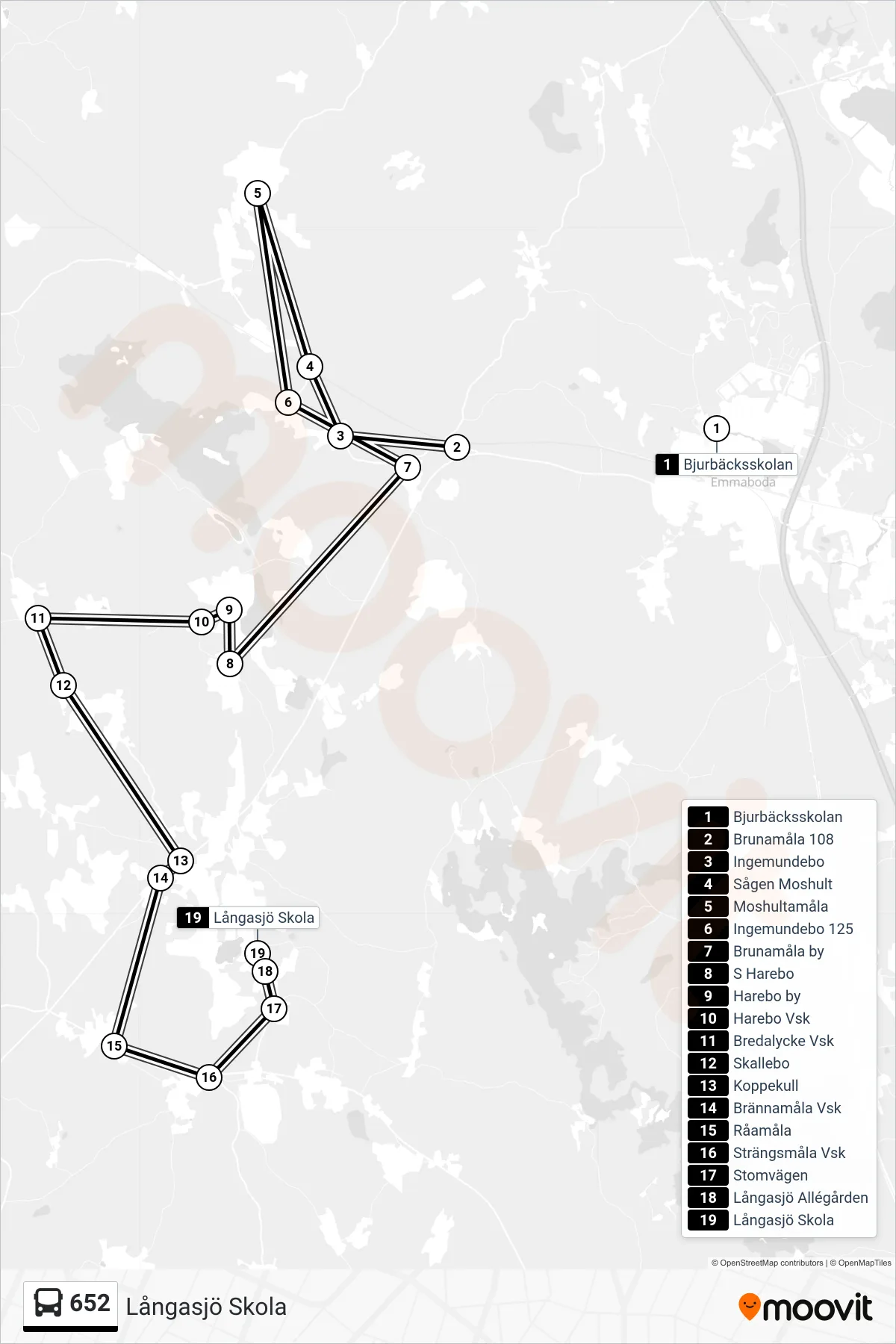 Rutt och hållplatser på karta för linje 652 spårvagn, (Långasjö Skola)