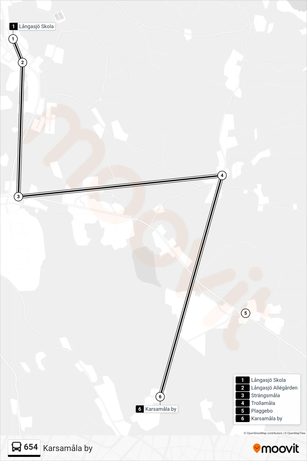 Rutt och hållplatser på karta för linje 654 spårvagn, (Karsamåla by)