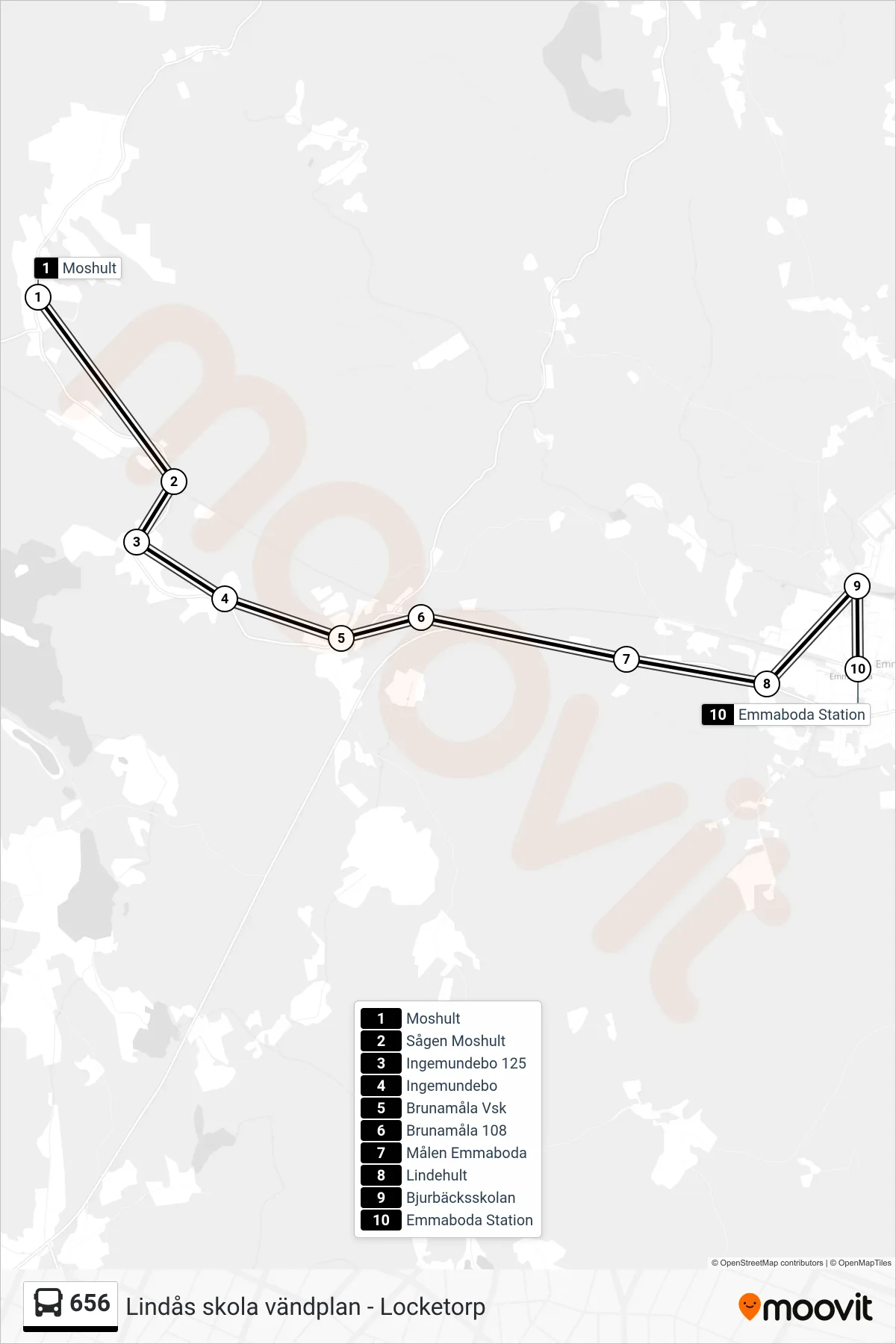 Rutt och hållplatser på karta för linje 656  spårvagn, (Emmaboda Station)