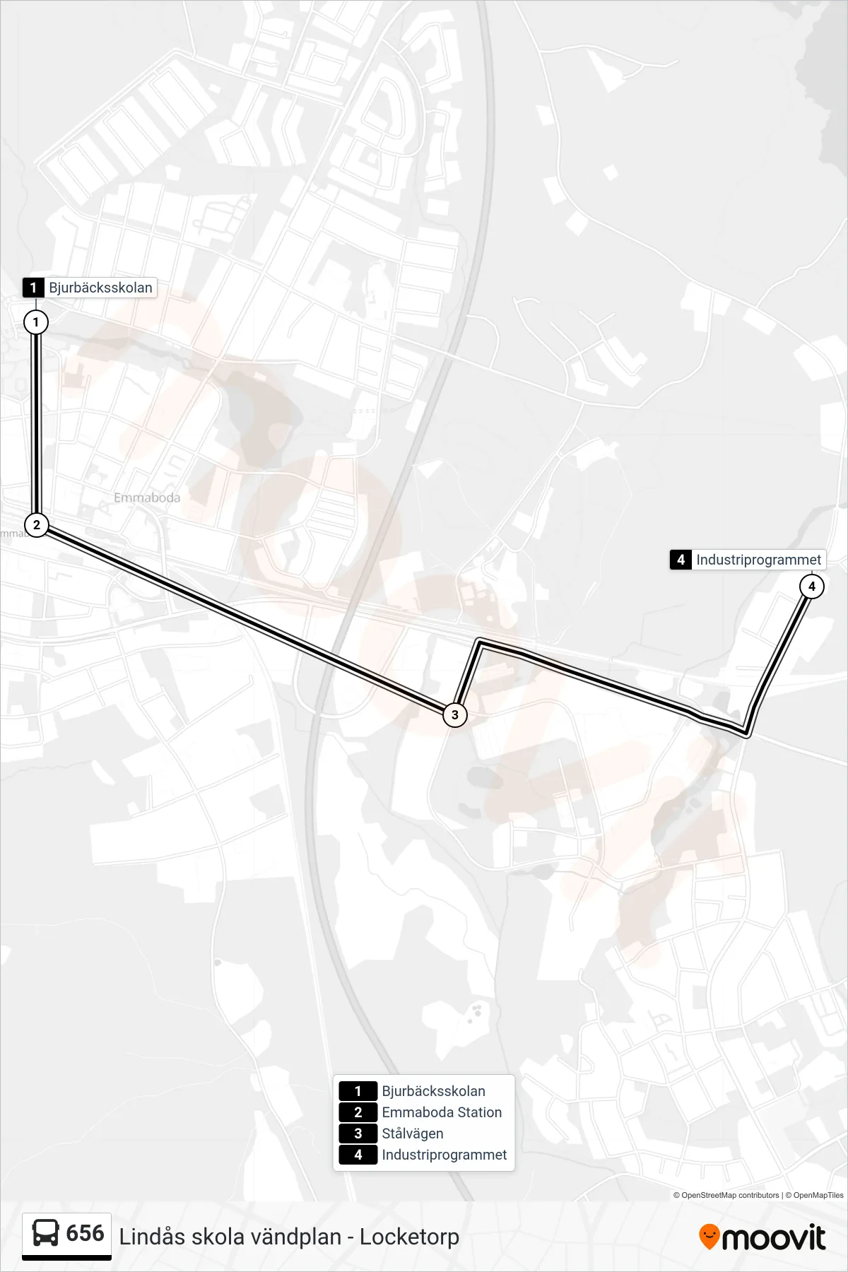 Rutt och hållplatser på karta för linje 656 spårvagn, (Industriprogrammet)