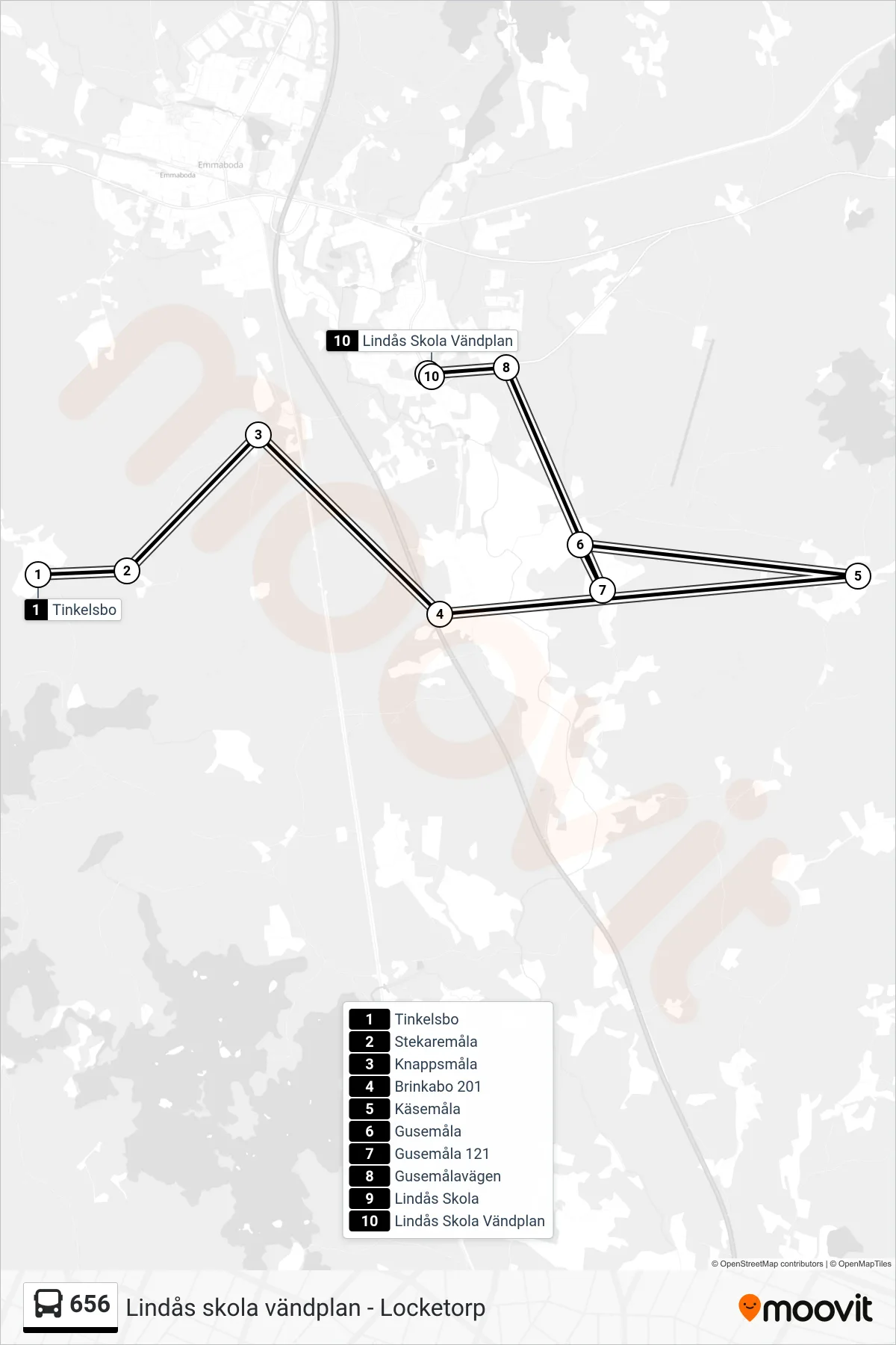 Rutt och hållplatser på karta för linje 656  spårvagn, (Lindås Skola Vändplan)