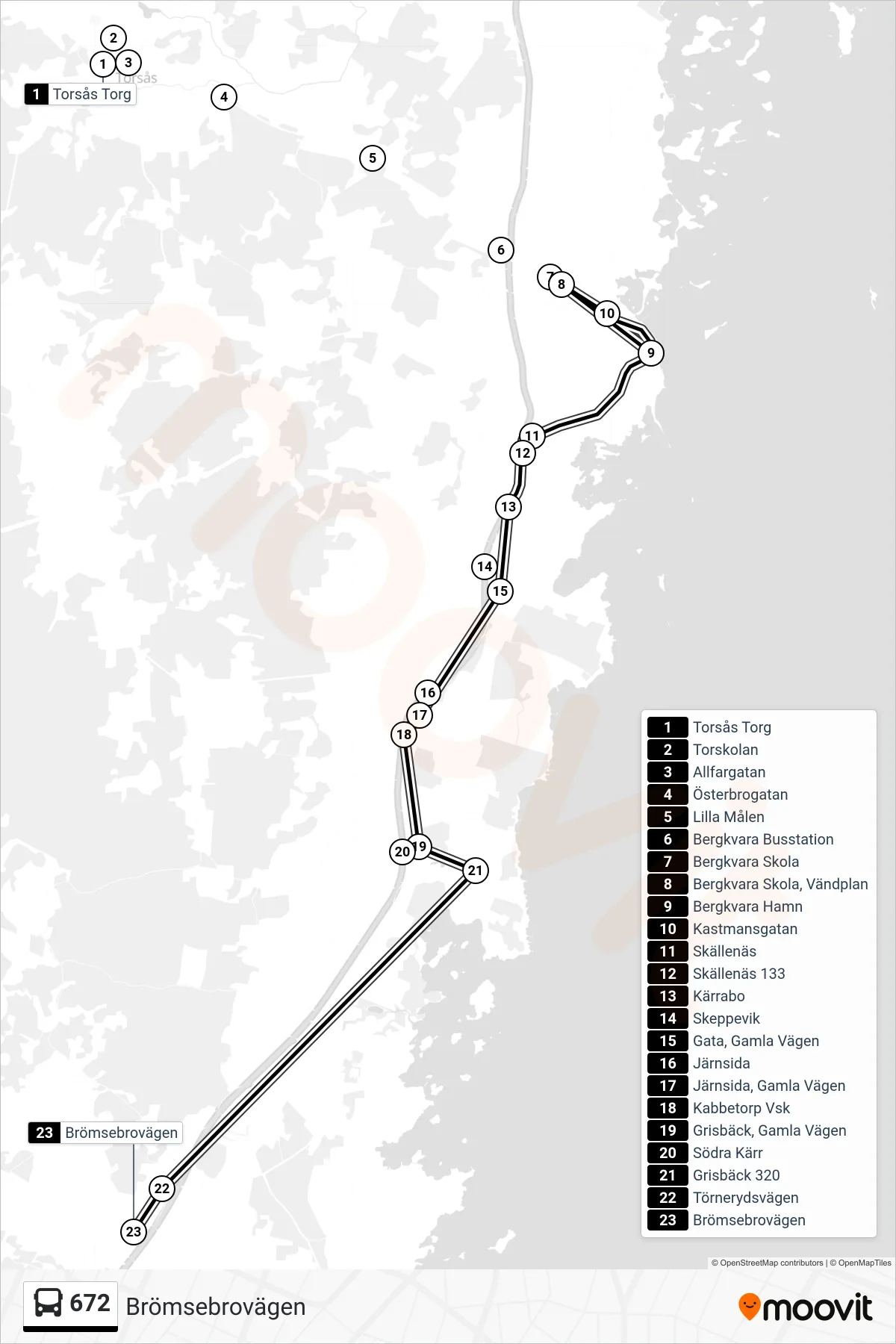 Rutt och hållplatser på karta för linje 672  spårvagn, (Brömsebrovägen)