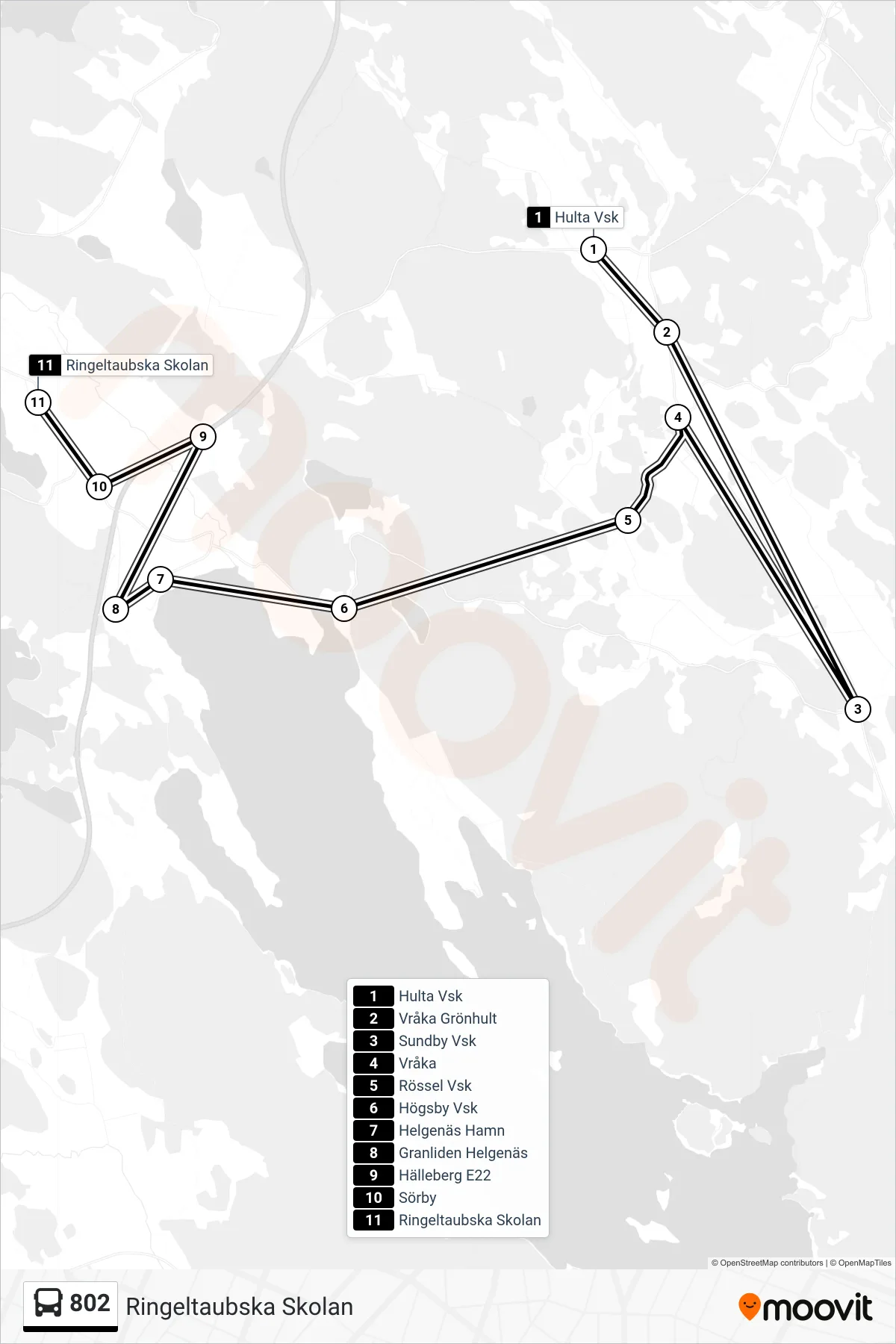 Rutt och hållplatser på karta för linje 802 spårvagn, (Ringeltaubska Skolan)