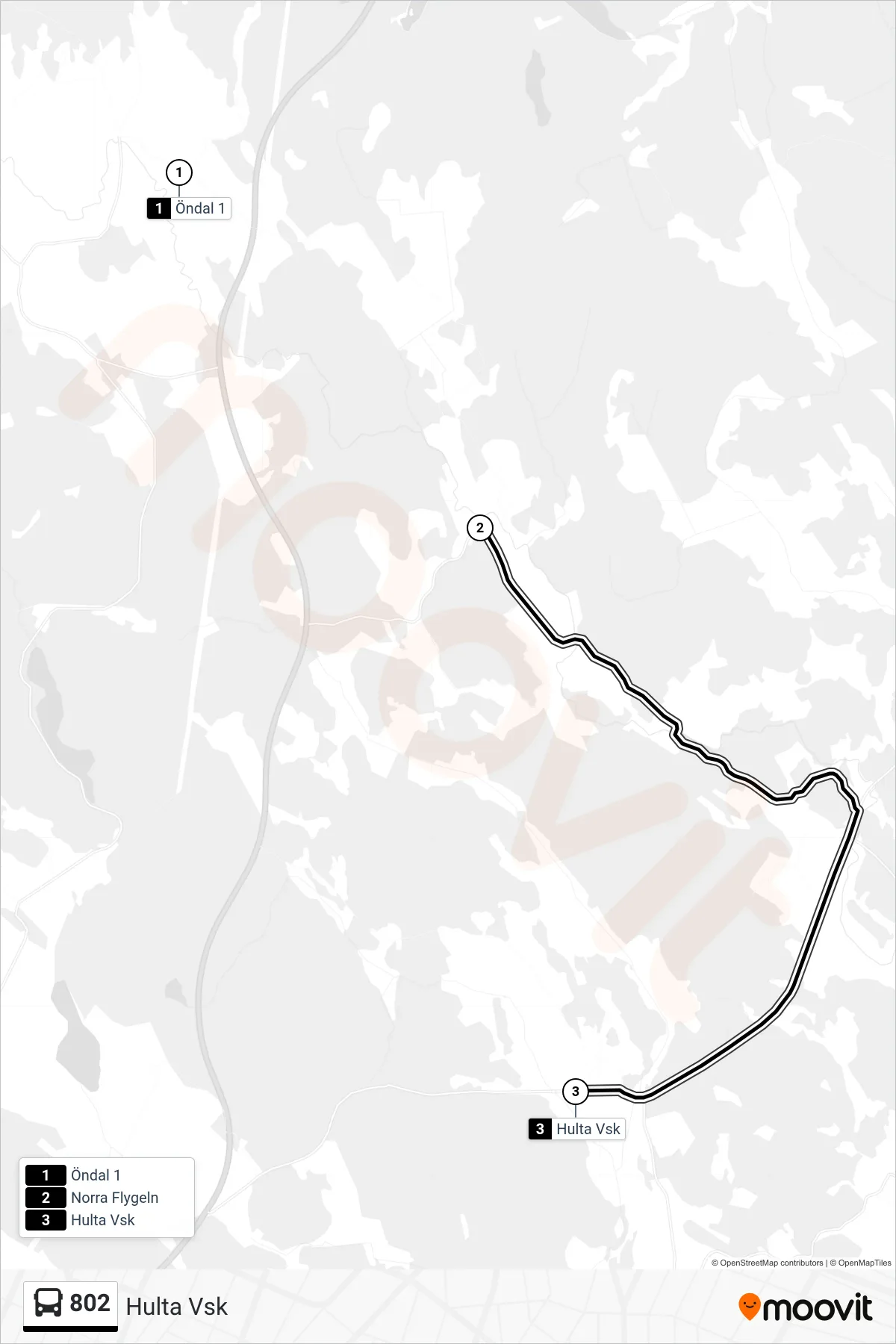 Rutt och hållplatser på karta för linje 802 spårvagn, (Hulta Vsk)