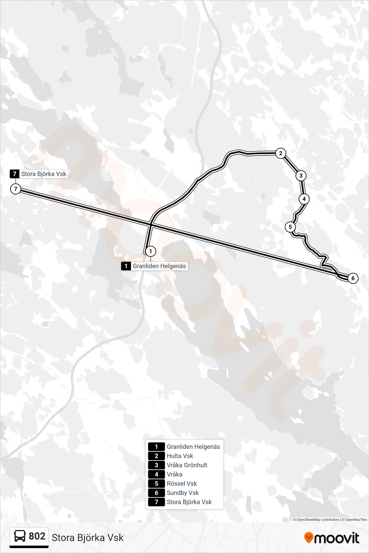 Rutt och hållplatser på karta för linje 802 spårvagn, (Stora Björka Vsk)