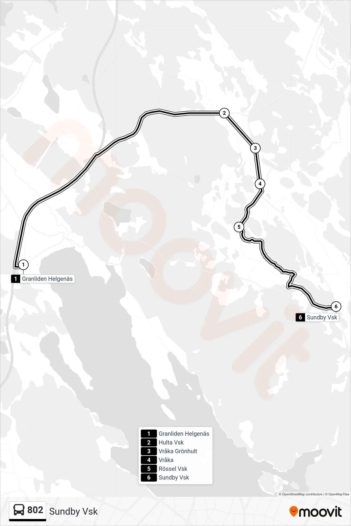 Rutt och hållplatser på karta för linje 802 spårvagn, (Sundby Vsk)