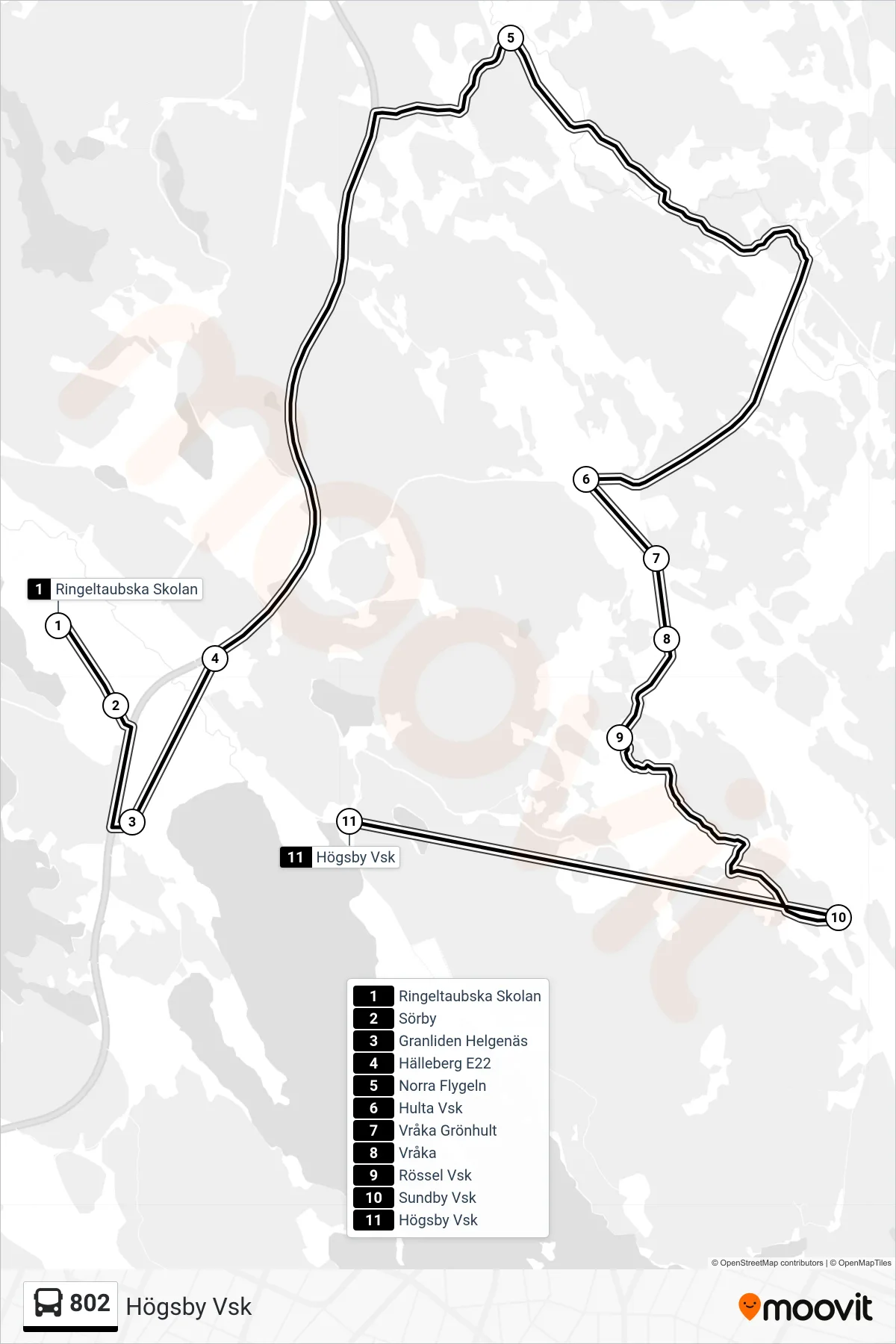 Rutt och hållplatser på karta för linje 802 spårvagn, (Högsby Vsk)