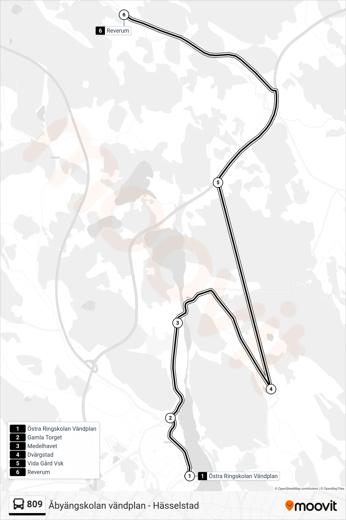 Rutt och hållplatser på karta för linje 809 spårvagn, (Reverum)