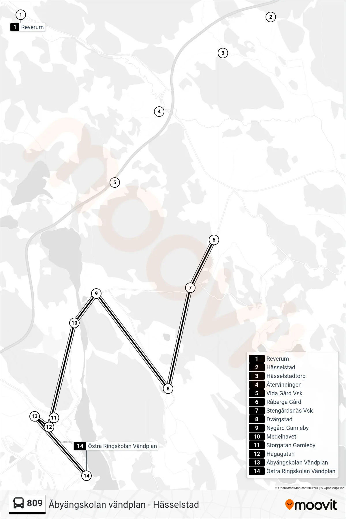 Rutt och hållplatser på karta för linje 809  spårvagn, (Östra Ringskolan Vändplan)