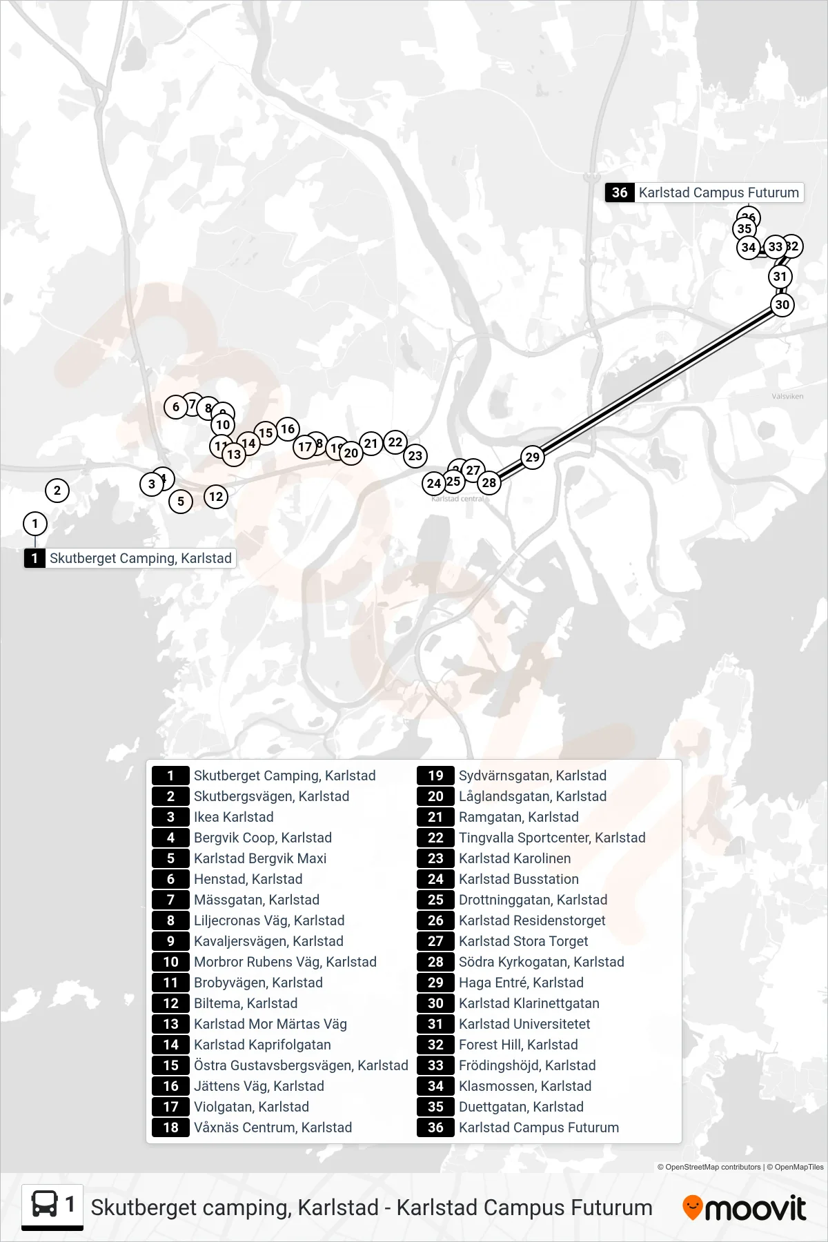 Rutt och hållplatser på karta för linje 1 spårvagn, (Karlstad Campus Futurum)