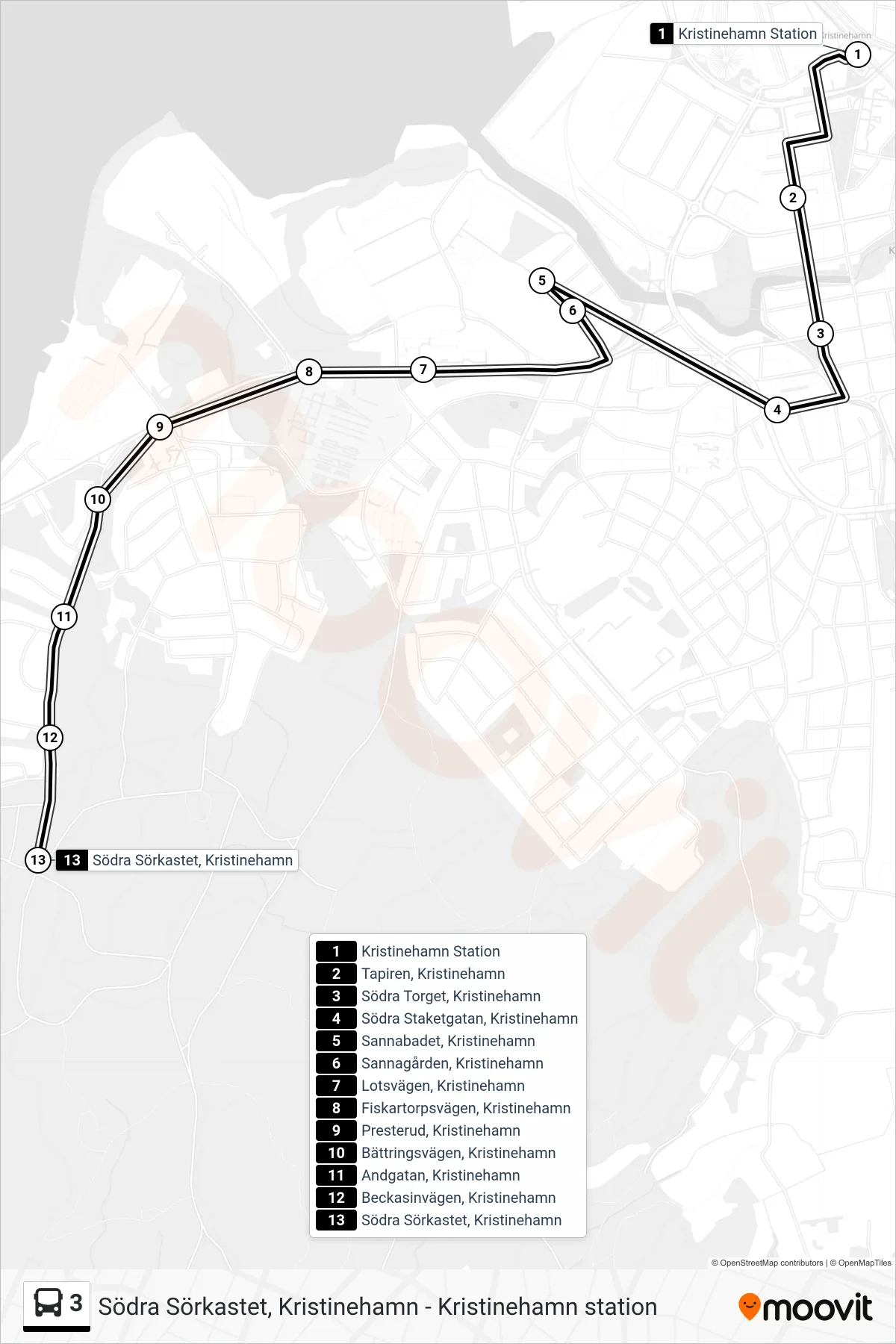 Rutt och hållplatser på karta för linje 3 spårvagn, (Södra Sörkastet, Kristinehamn)