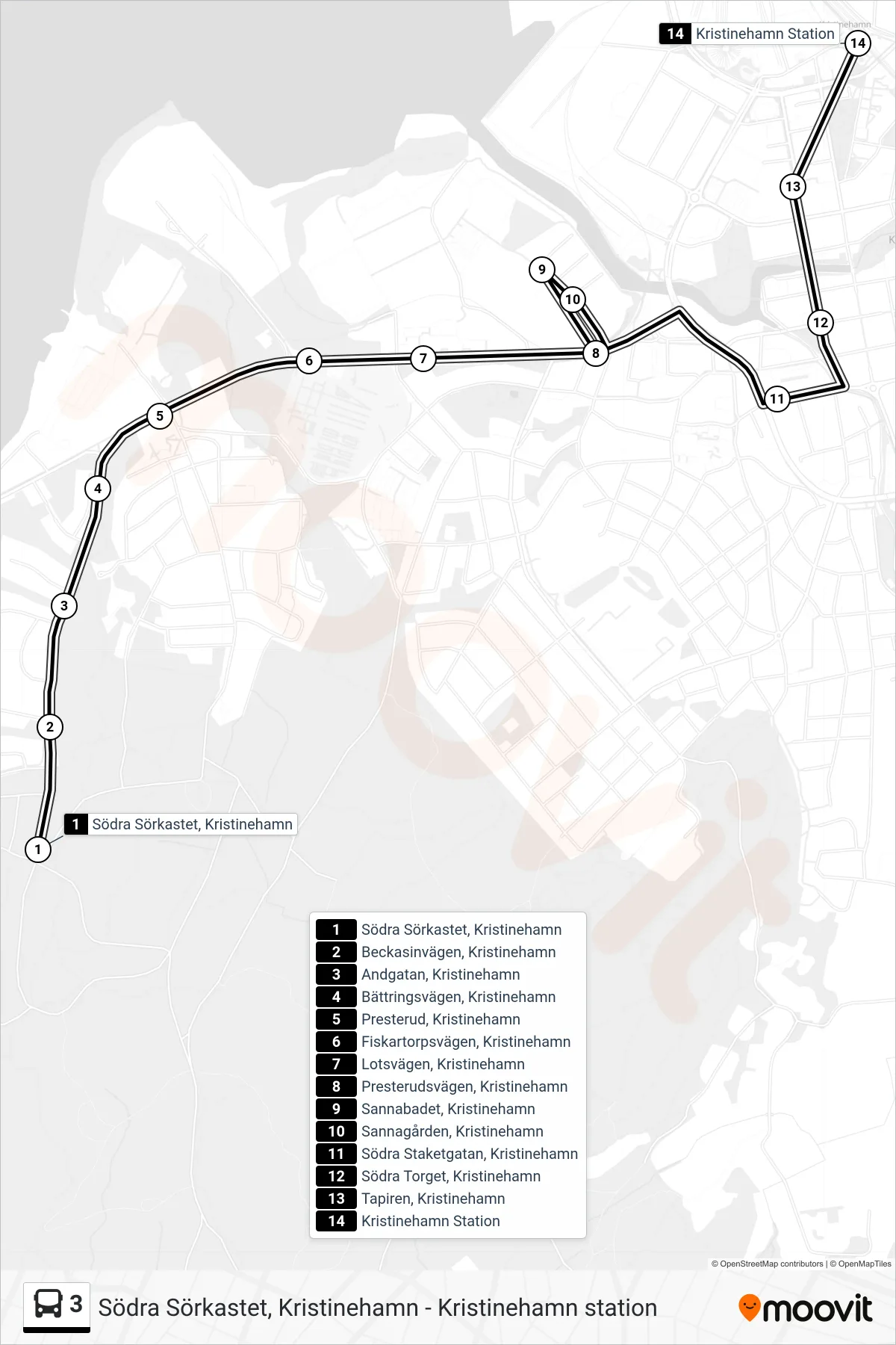 Rutt och hållplatser på karta för linje 3 spårvagn, (Kristinehamn Station)