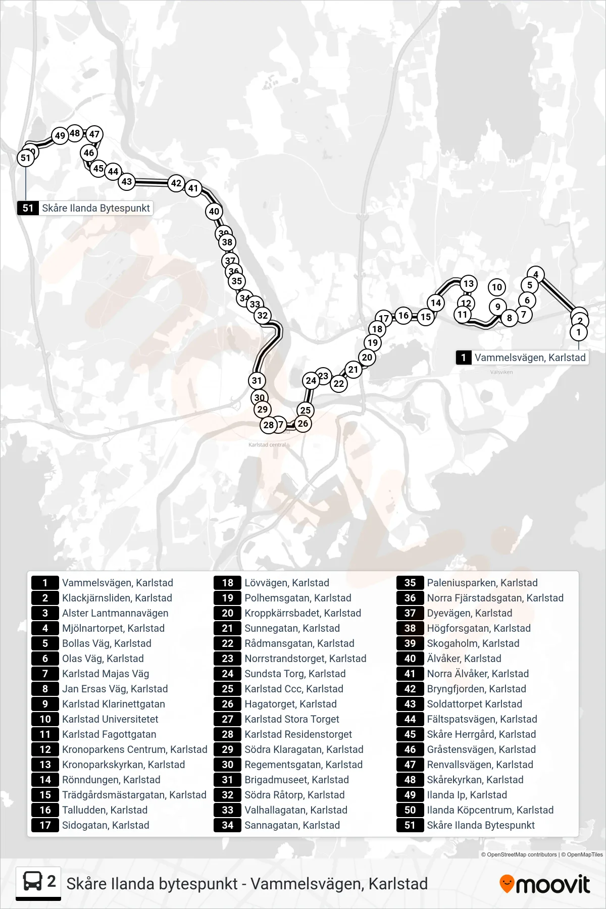 Rutt och hållplatser på karta för linje 2 spårvagn, (Skåre Ilanda Bytespunkt)