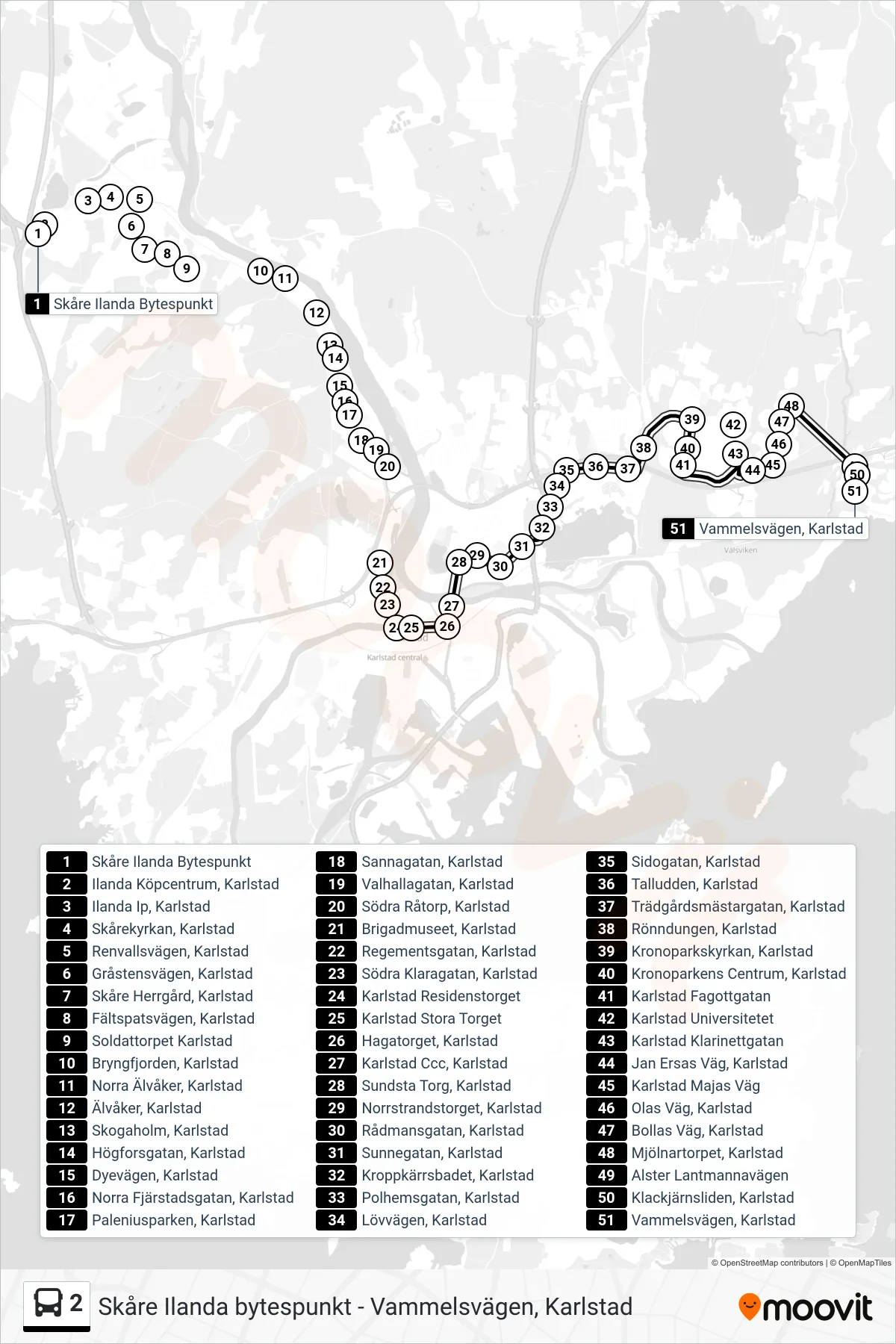 Rutt och hållplatser på karta för linje 2 spårvagn, (Vammelsvägen, Karlstad)
