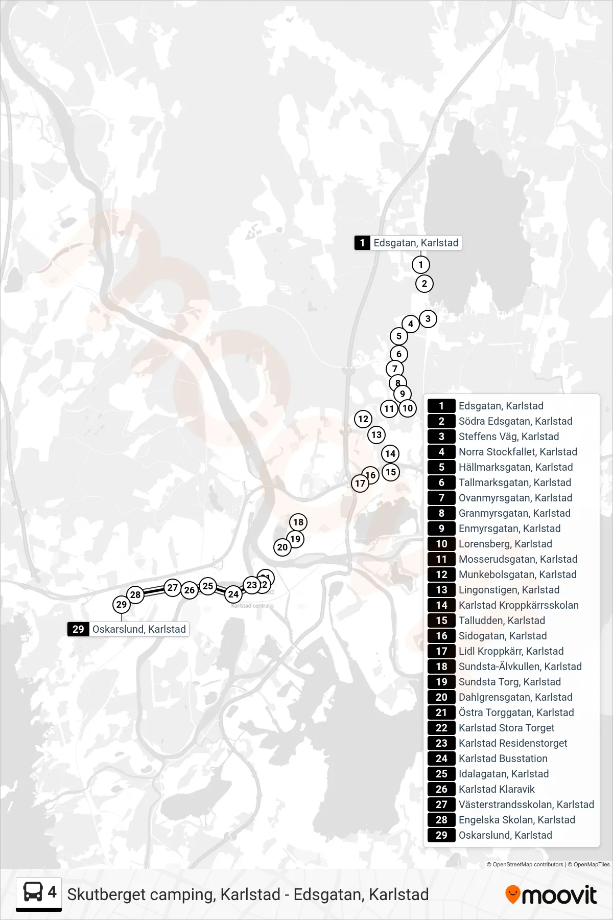 Rutt och hållplatser på karta för linje 4  spårvagn, (Oskarslund, Karlstad)