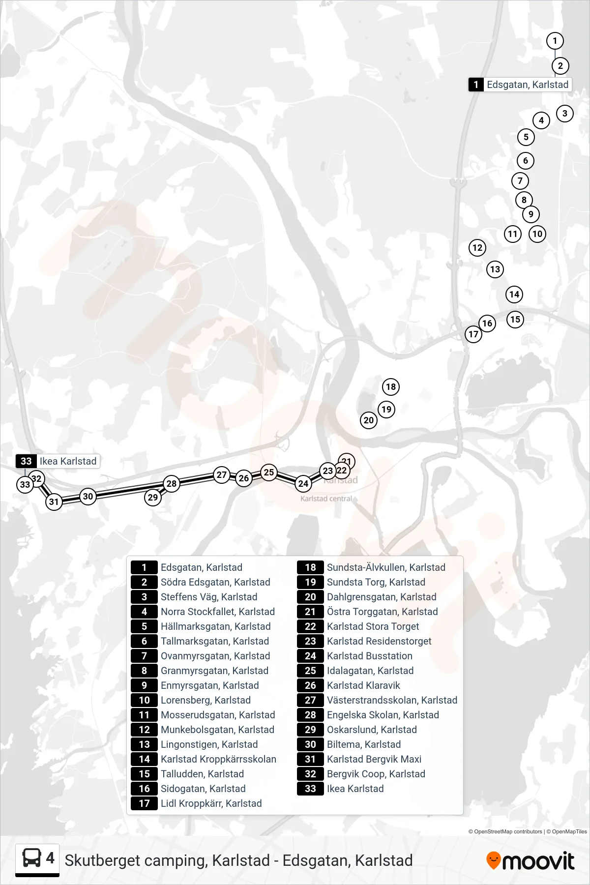 Rutt och hållplatser på karta för linje 4 spårvagn, (Ikea Karlstad)