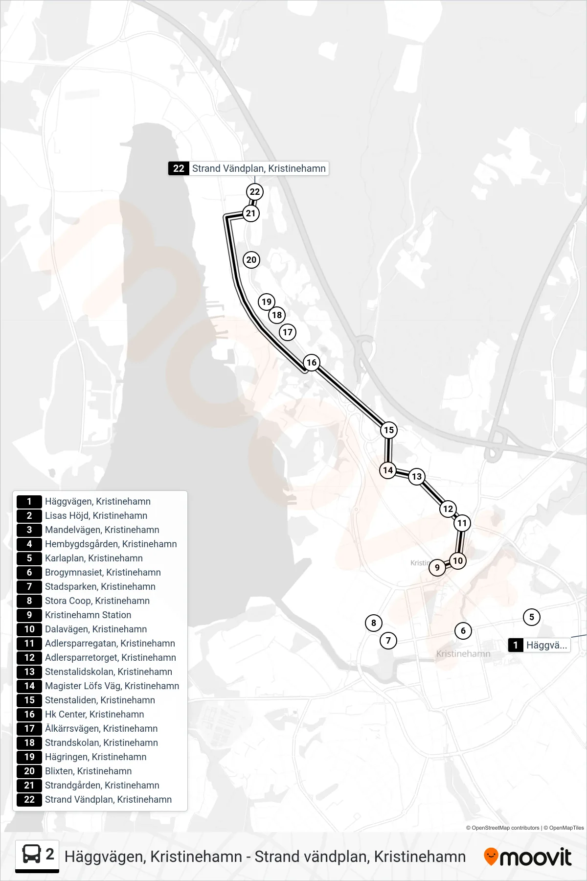Rutt och hållplatser på karta för linje 2 spårvagn, (Strand Vändplan, Kristinehamn)