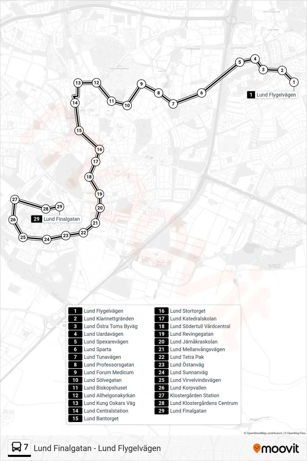 Rutt och hållplatser på karta för linje 7 spårvagn, (Lund Finalgatan)