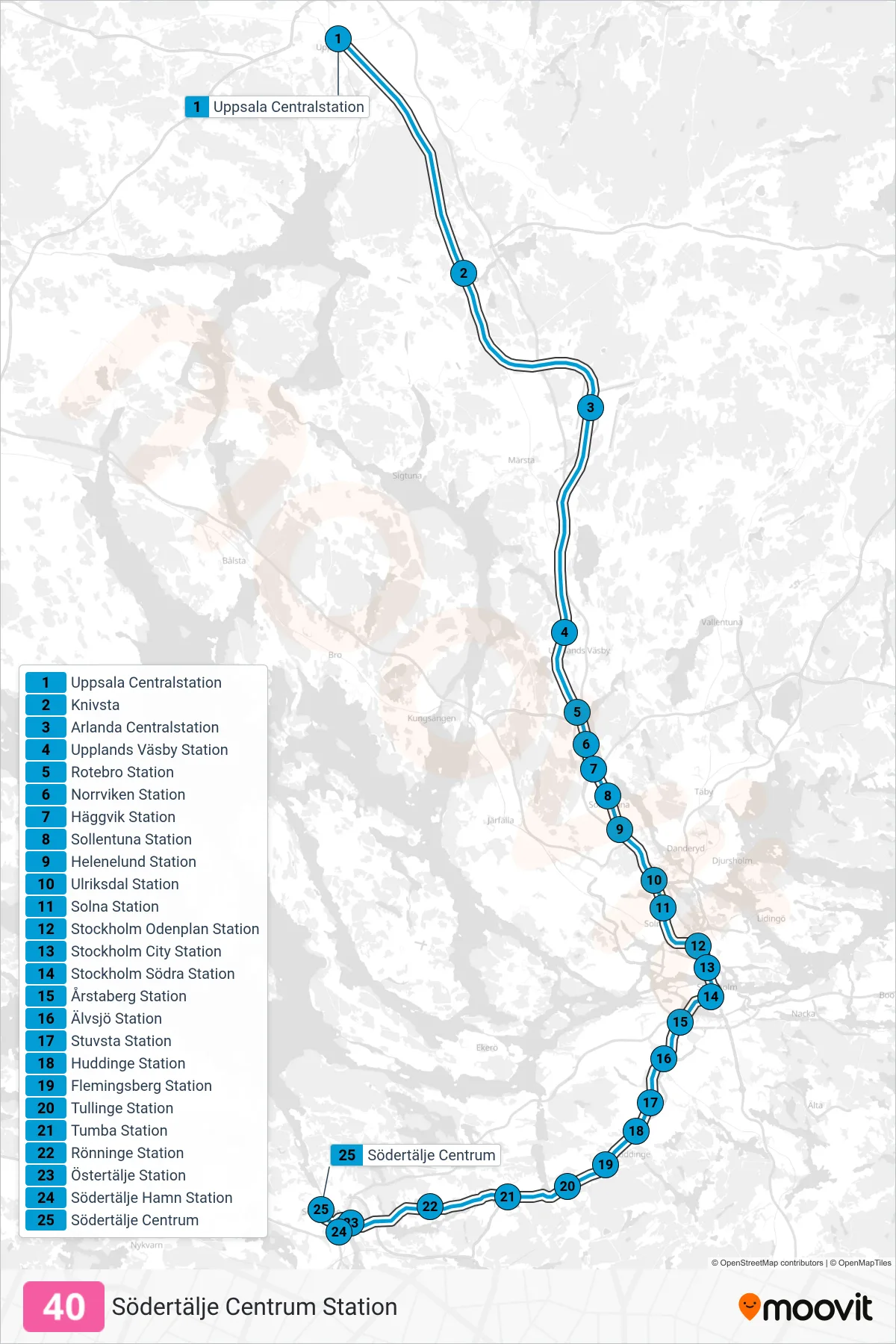 Rutt och hållplatser på karta för linje 40 tåg, (Södertälje Centrum Station)