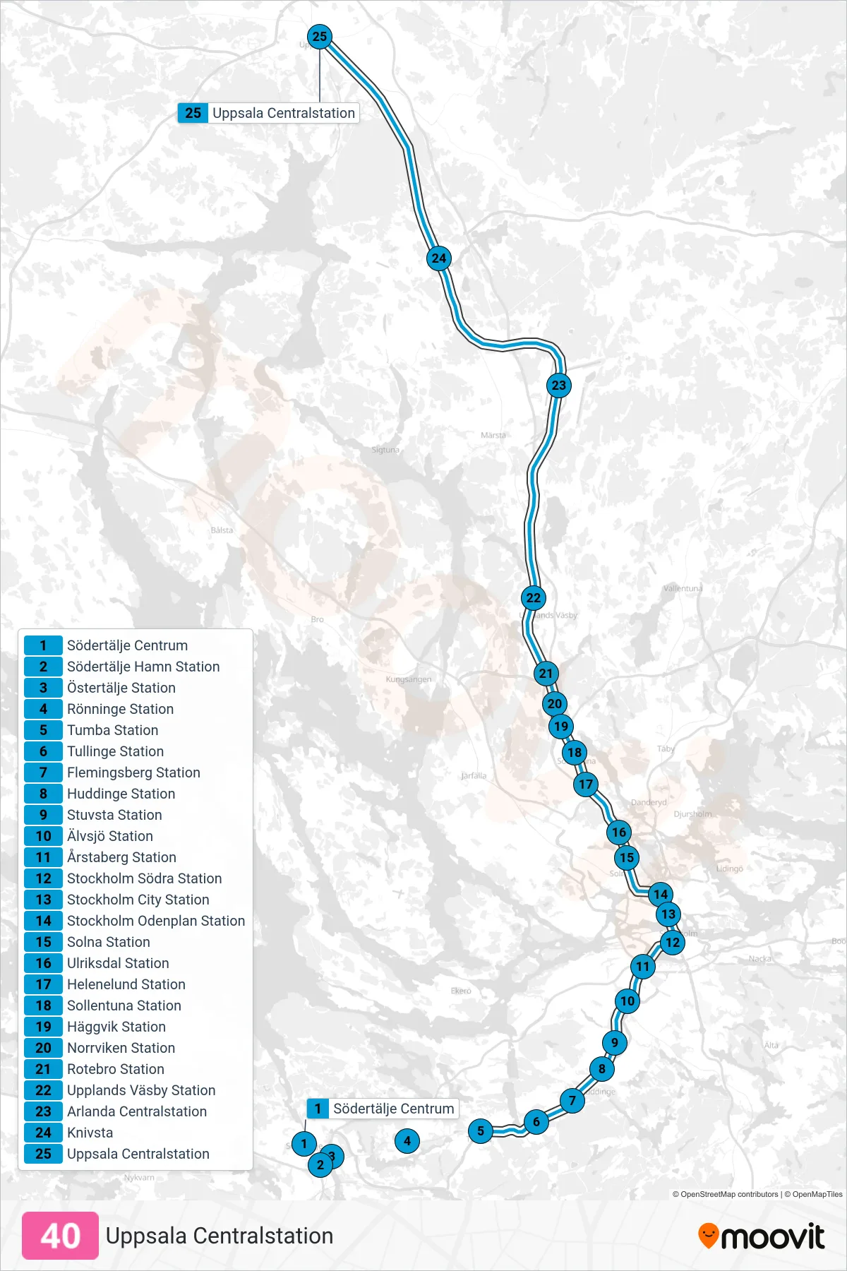 Rutt och hållplatser på karta för linje 40 tåg, (Uppsala Centralstation)