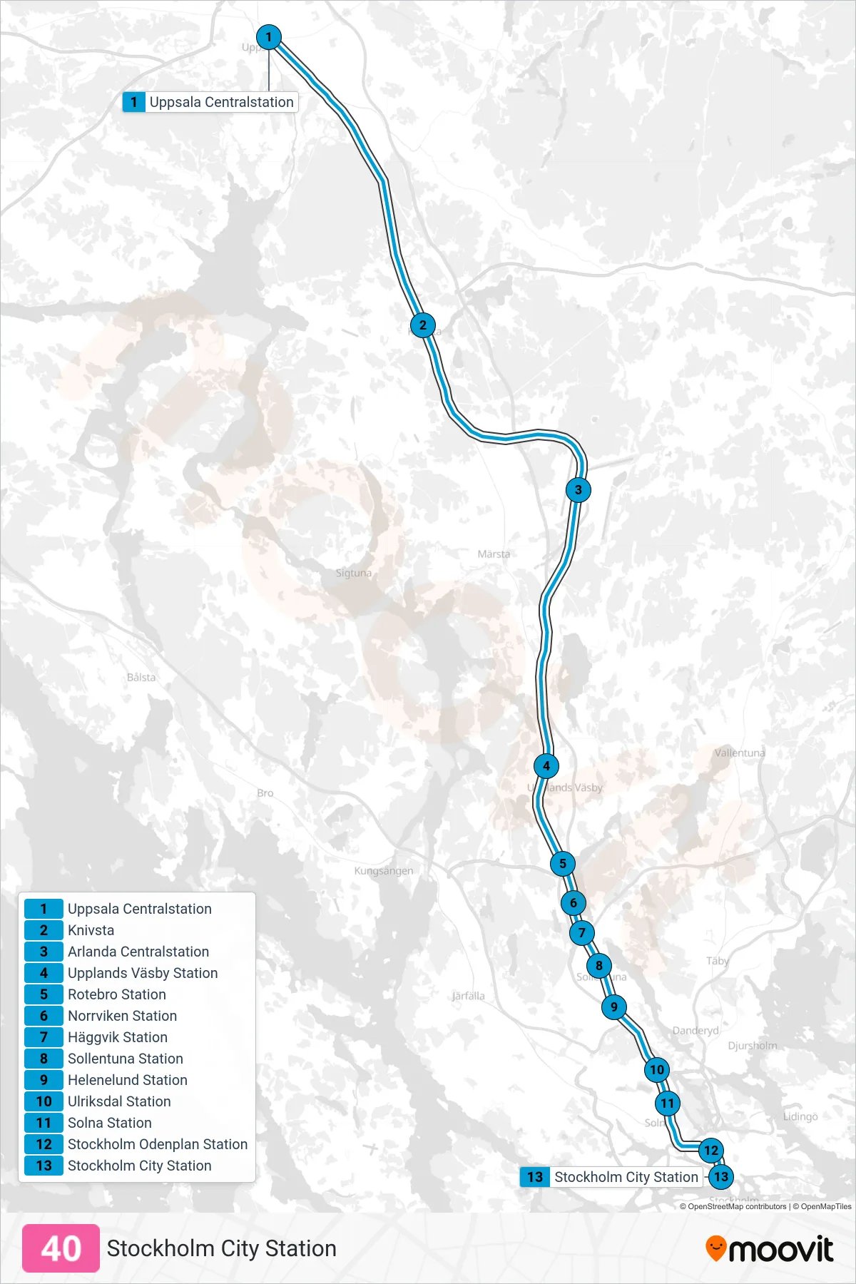Rutt och hållplatser på karta för linje 40 järnväg, (Stockholm City Station)