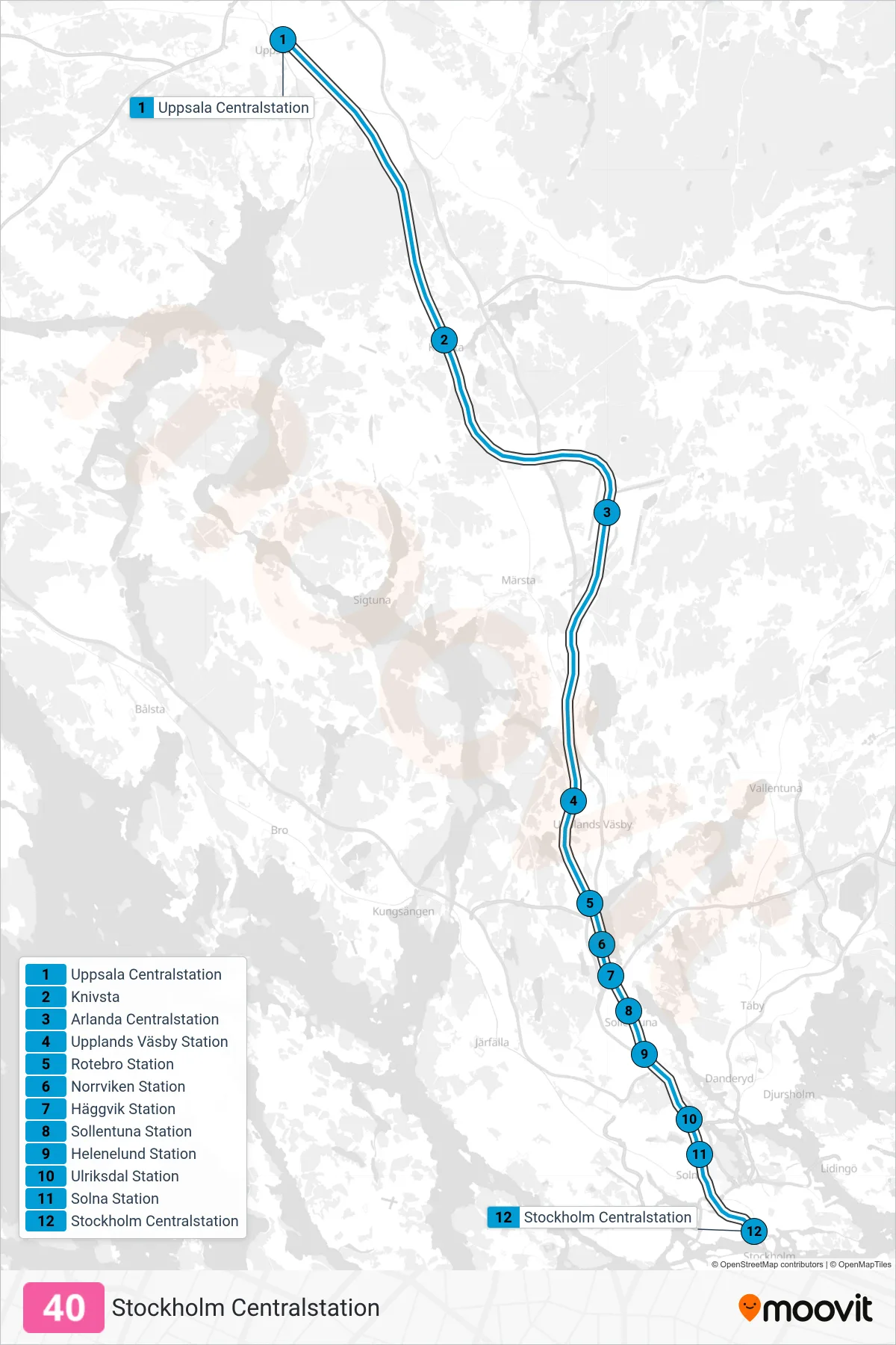 Rutt och hållplatser på karta för linje 40 tåg, (Stockholm Centralstation)