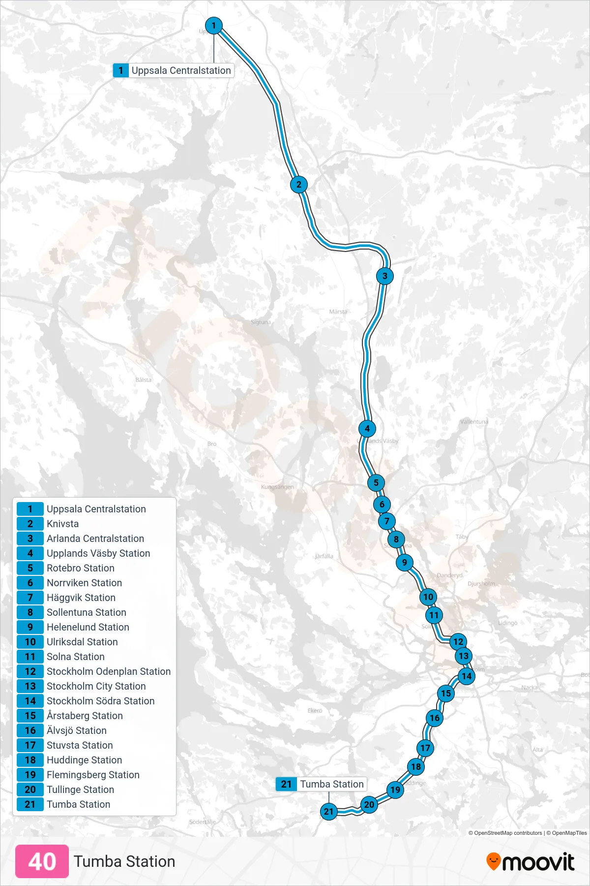 Rutt och hållplatser på karta för linje 40 tåg, (Tumba Station)