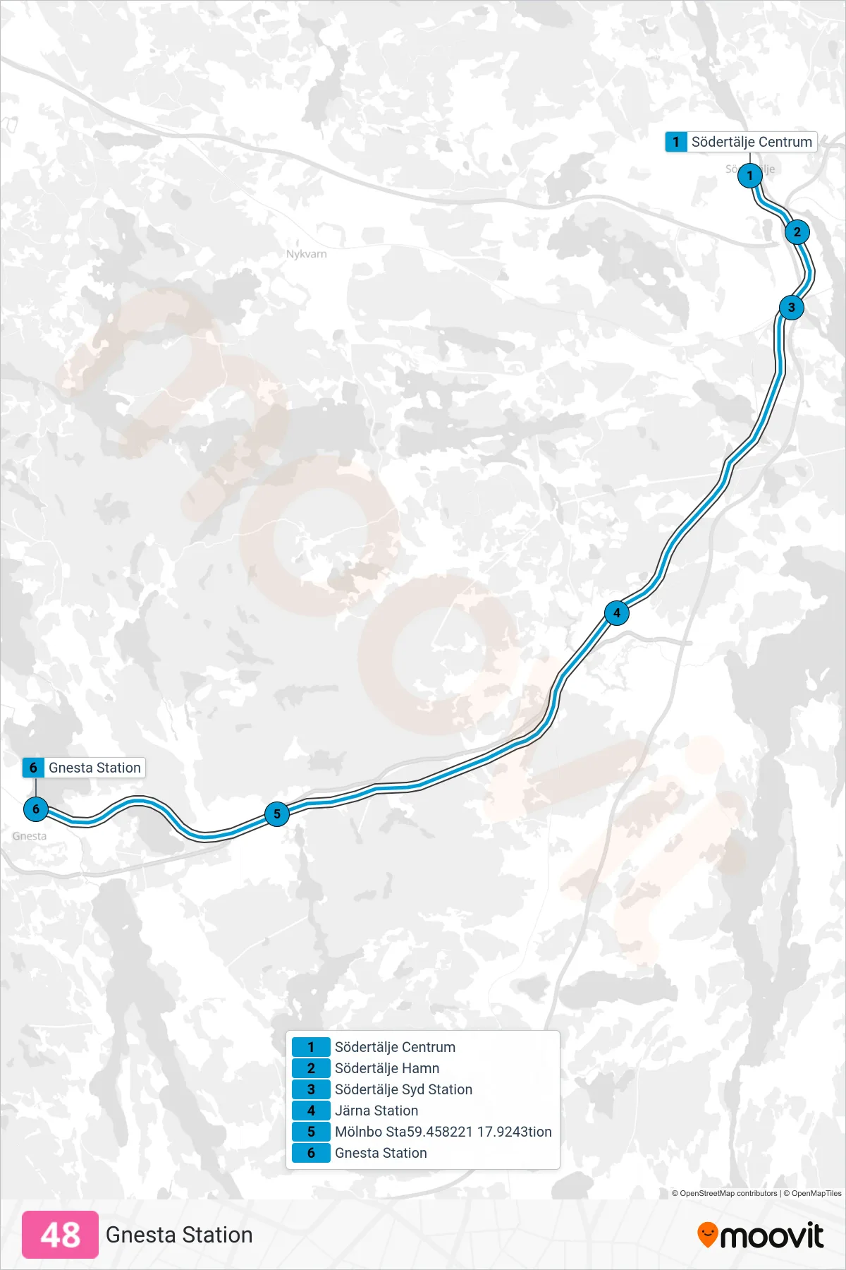 Rutt och hållplatser på karta för linje 48 tåg, (Gnesta Station)