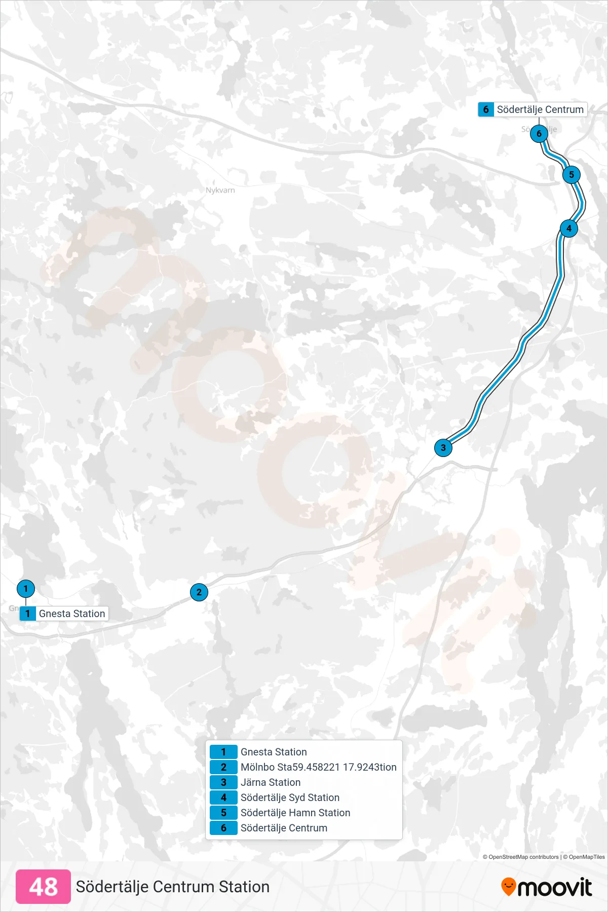 Rutt och hållplatser på karta för linje 48 tåg, (Södertälje Centrum Station)