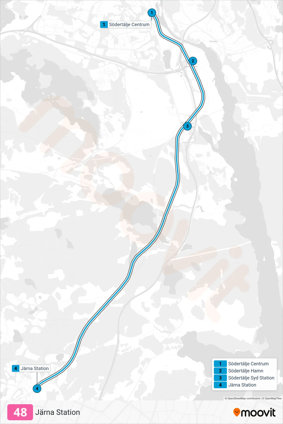 Rutt och hållplatser på karta för linje 48  tåg, (Järna Station)