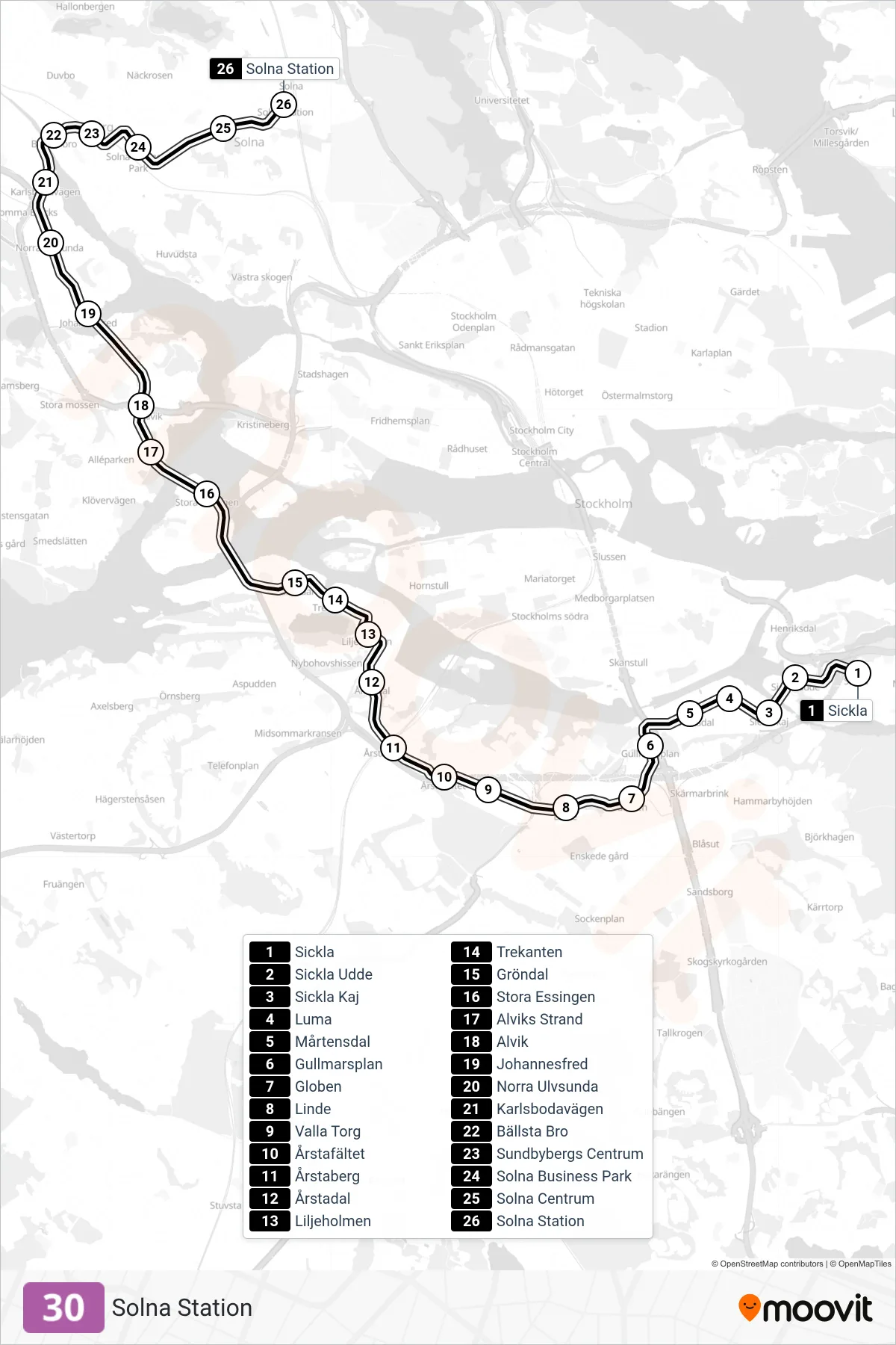 Rutt och hållplatser på karta för linje 30  spårväg, (Solna Station)