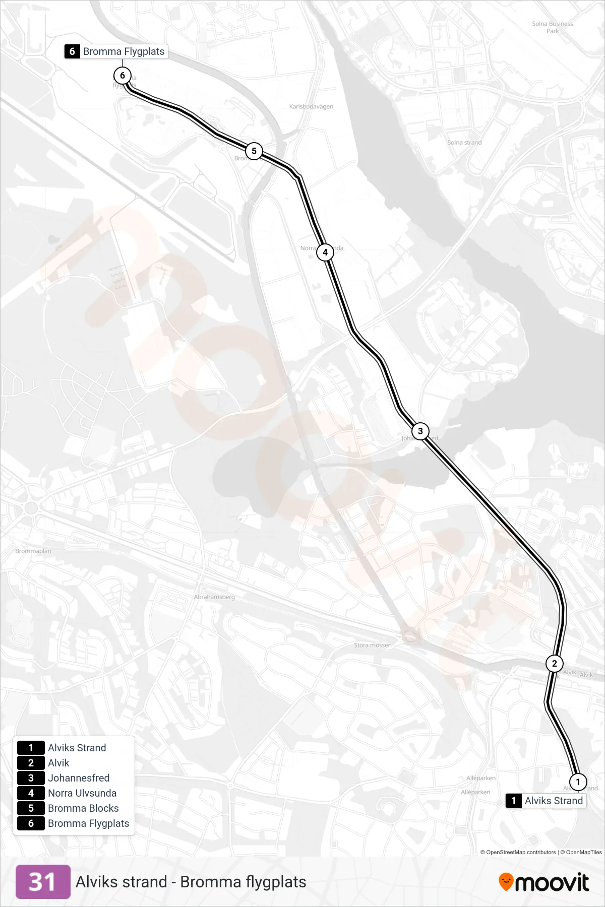 Rutt och hållplatser på karta för linje 31 spårväg, (Bromma Flygplats)