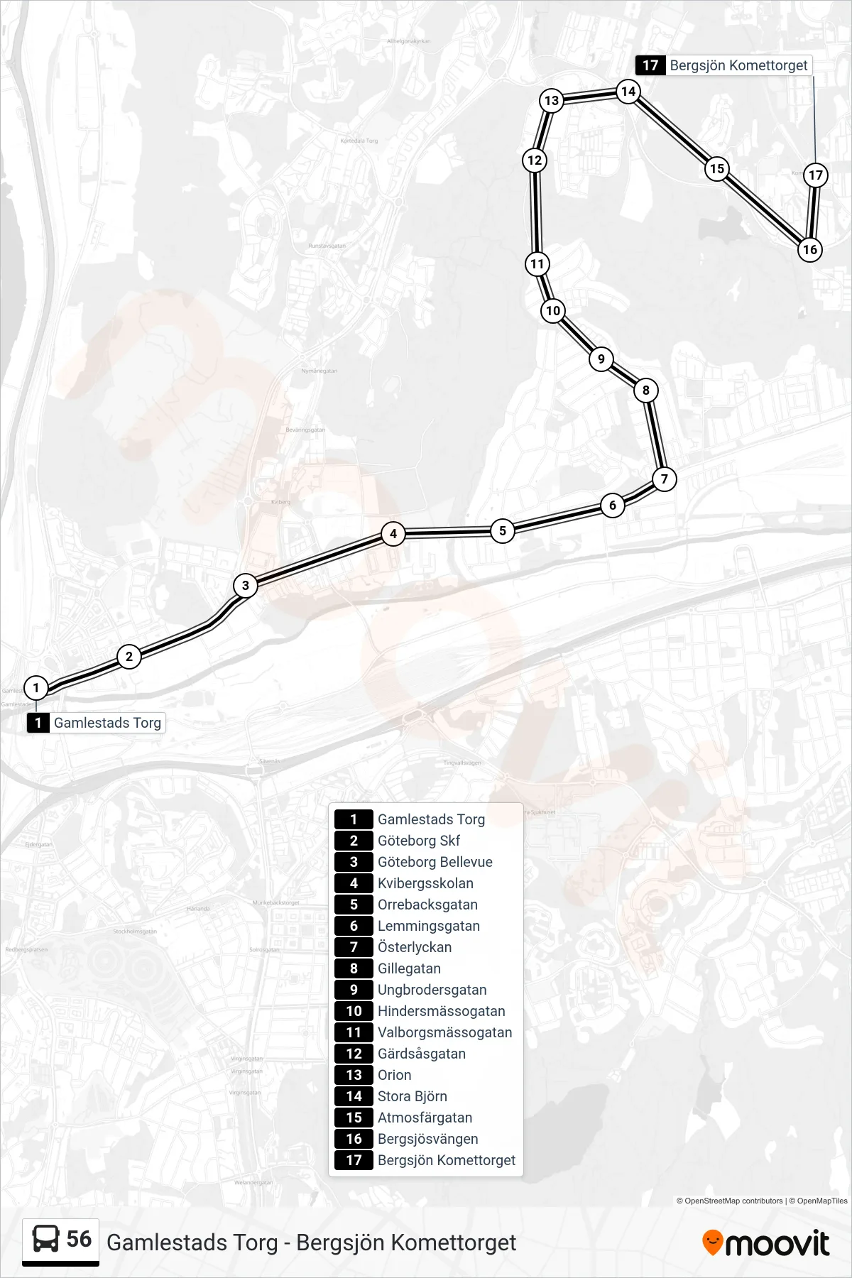 Rutt och hållplatser på karta för linje 56 spårvagn, (Bergsjön Komettorget)