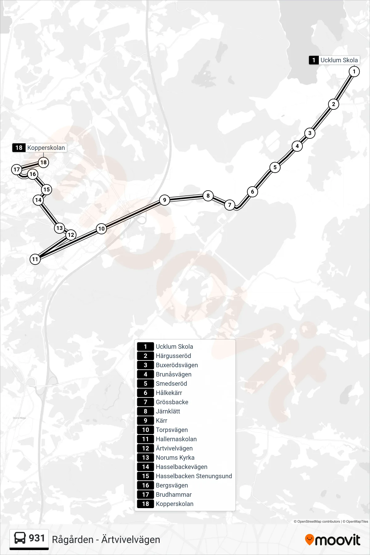Rutt och hållplatser på karta för linje 931 spårvagn, (Kopperskolan)