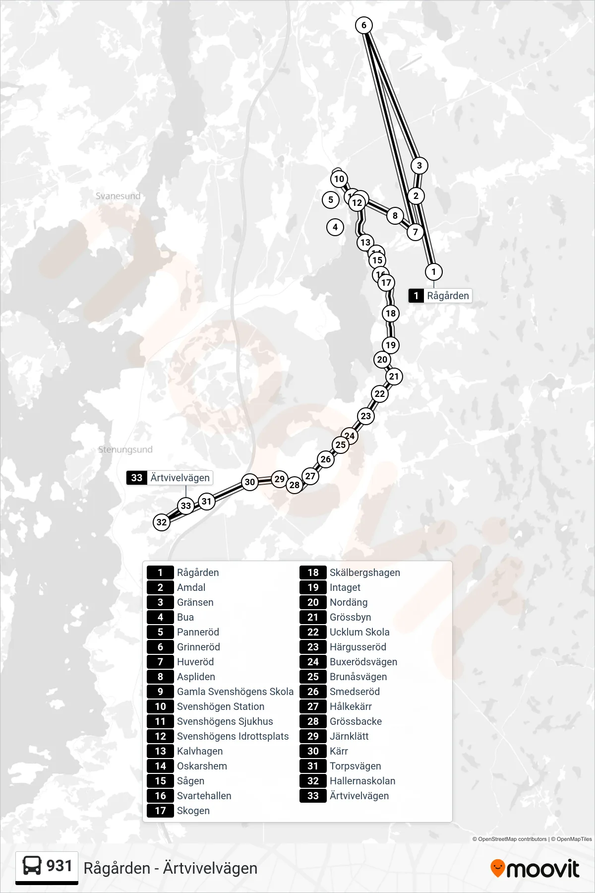 Rutt och hållplatser på karta för linje 931 spårvagn, (Ärtvivelvägen)