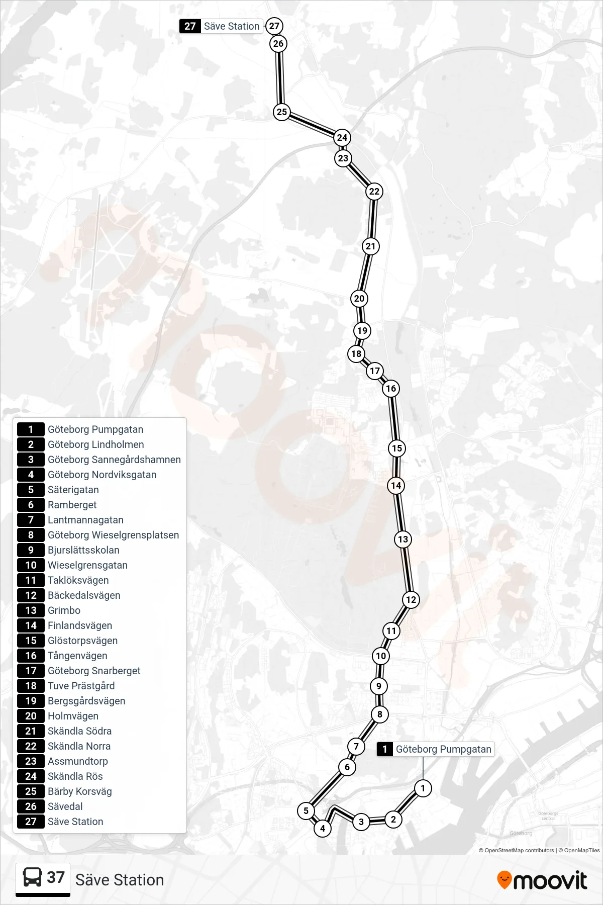 Rutt och hållplatser på karta för linje 37 spårvagn, (Säve Station)
