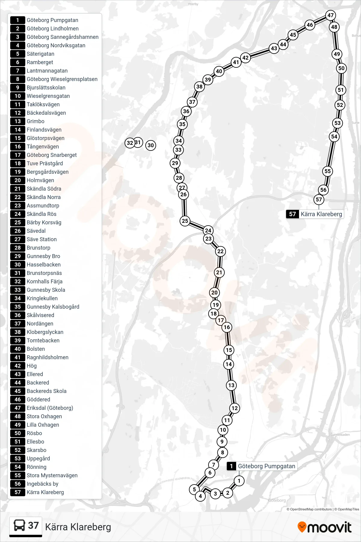 Rutt och hållplatser på karta för linje 37  spårvagn, (Kärra Klareberg)