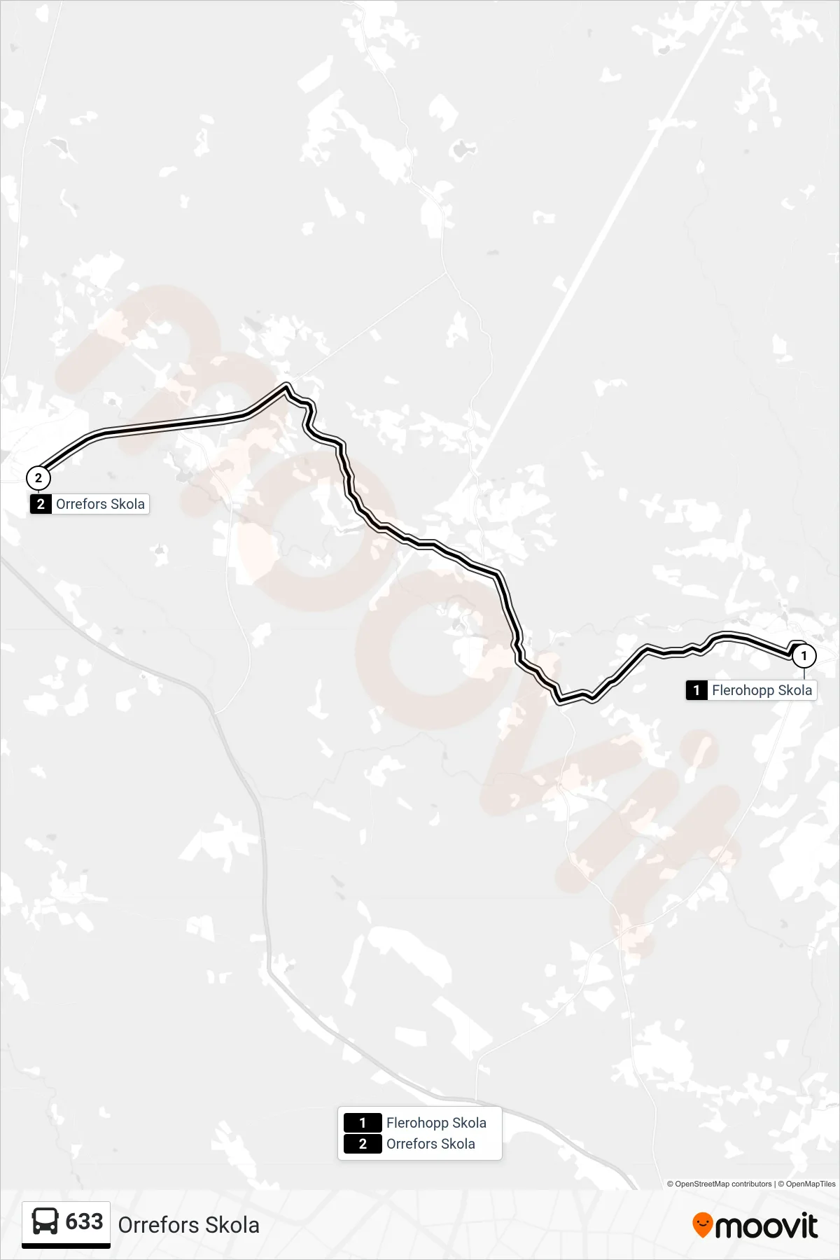 Rutt och hållplatser på karta för linje 633 spårvagn, (Orrefors Skola)