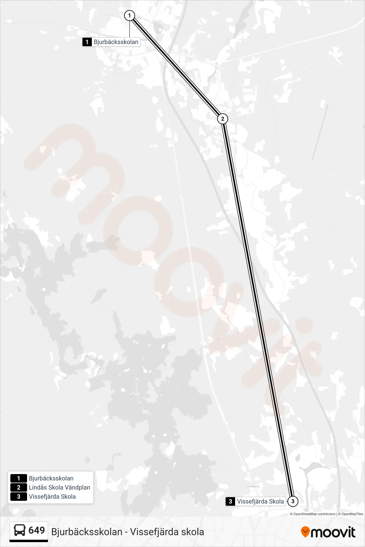Rutt och hållplatser på karta för linje 649 spårvagn, (Vissefjärda Skola)