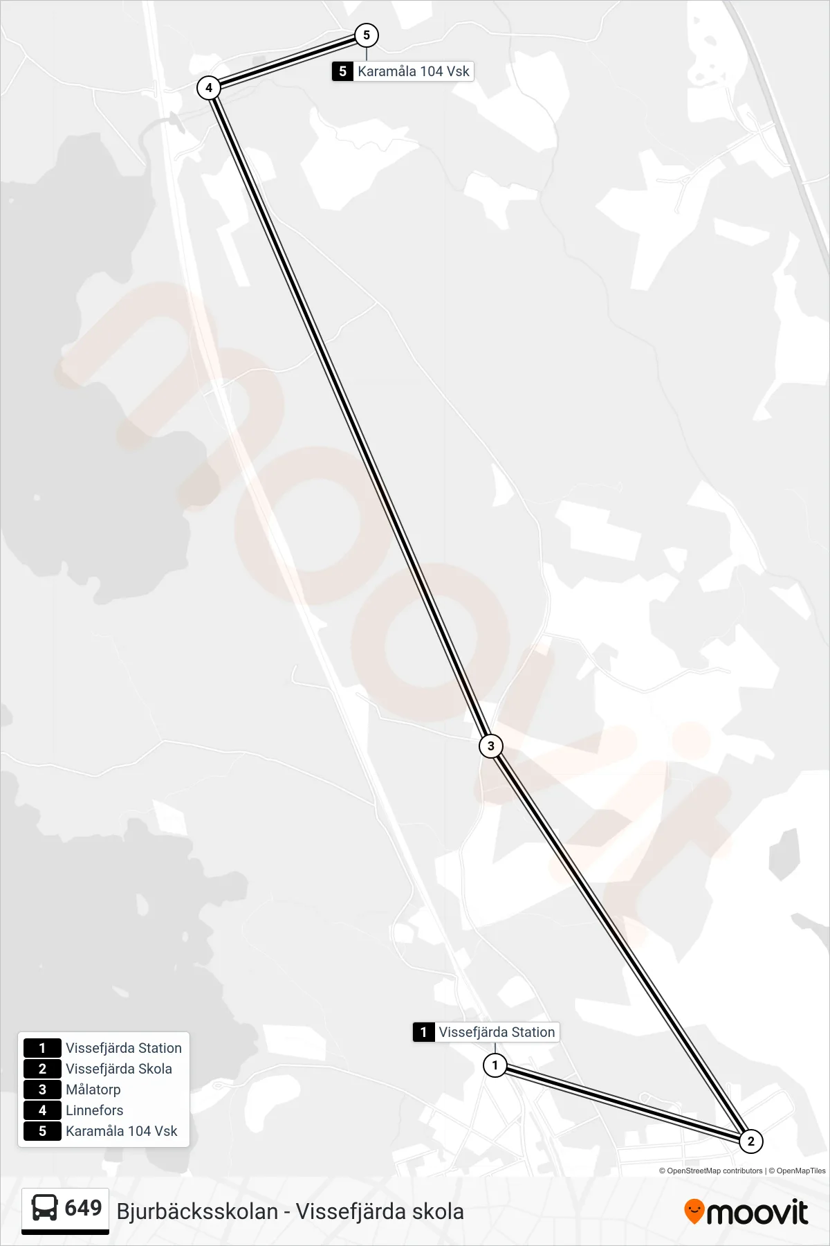 Rutt och hållplatser på karta för linje 649 spårvagn, (Karamåla 104 Vsk)