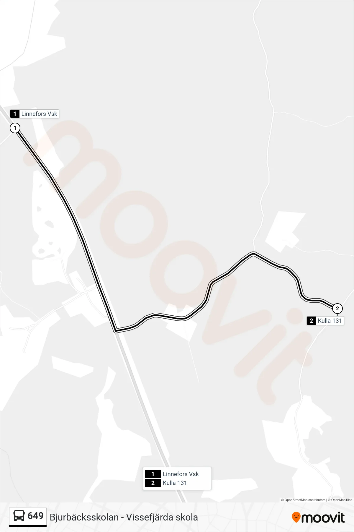Rutt och hållplatser på karta för linje 649 spårvagn, (Kulla 131)