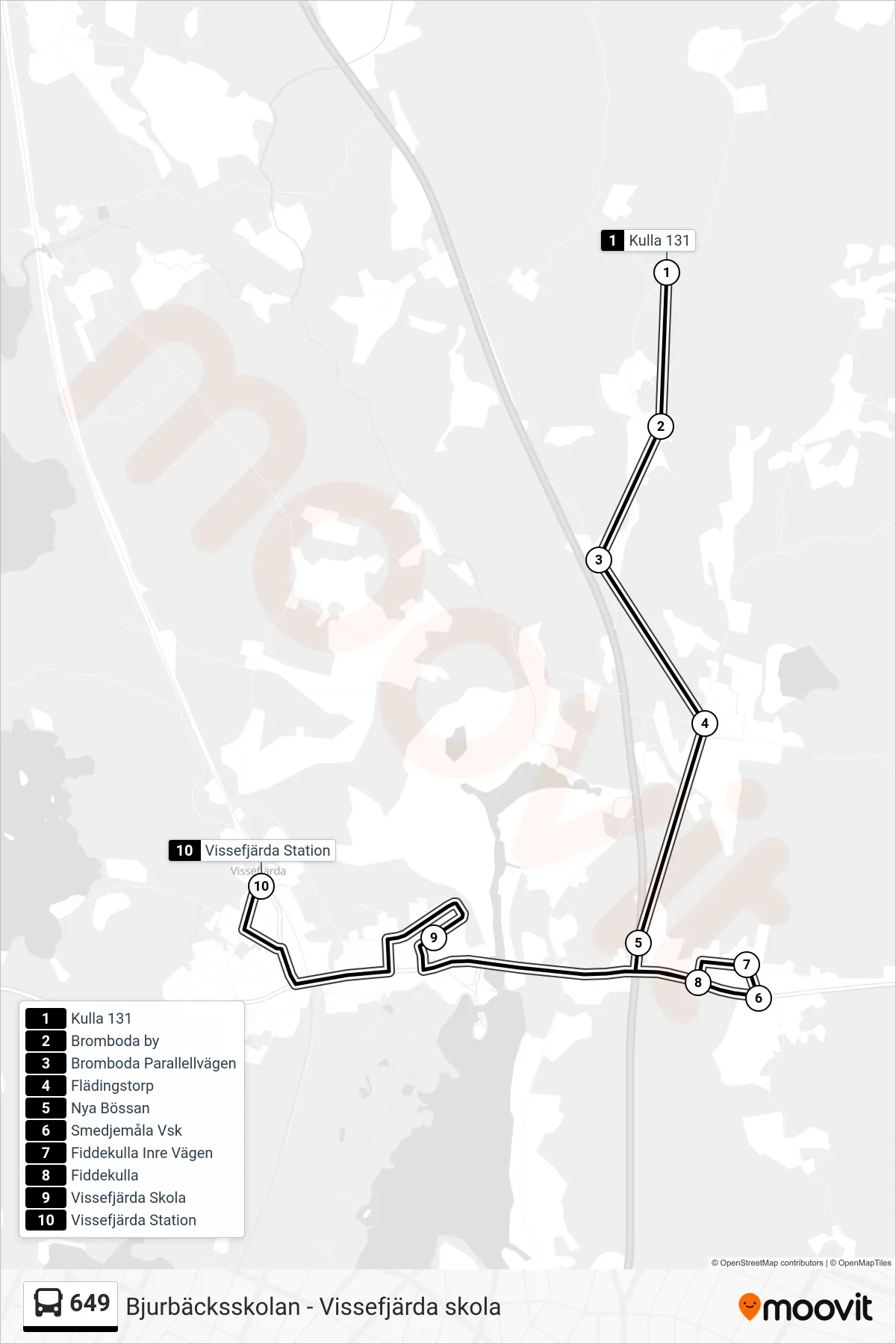 Rutt och hållplatser på karta för linje 649  spårvagn, (Vissefjärda Station)