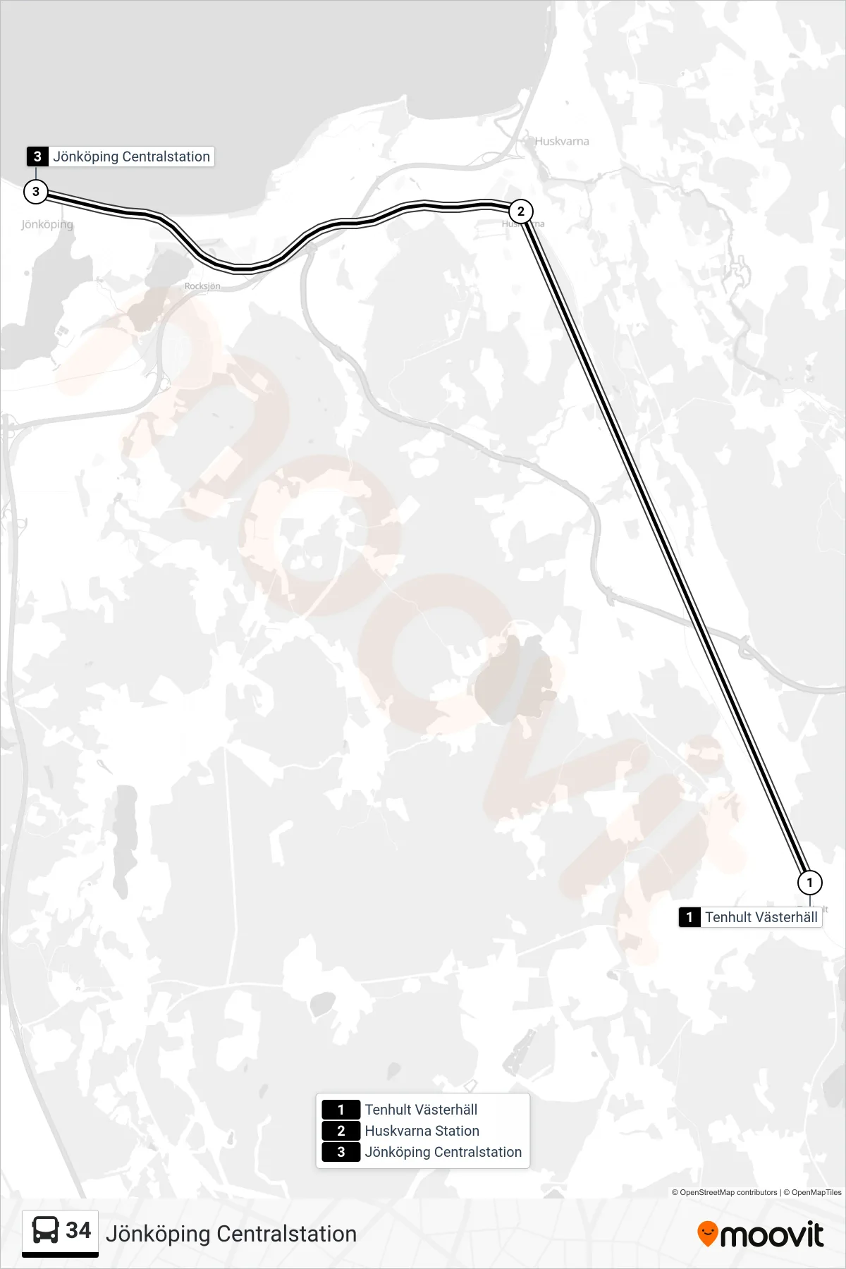 Rutt och hållplatser på karta för linje 34 spårvagn, (Jönköping Centralstation)