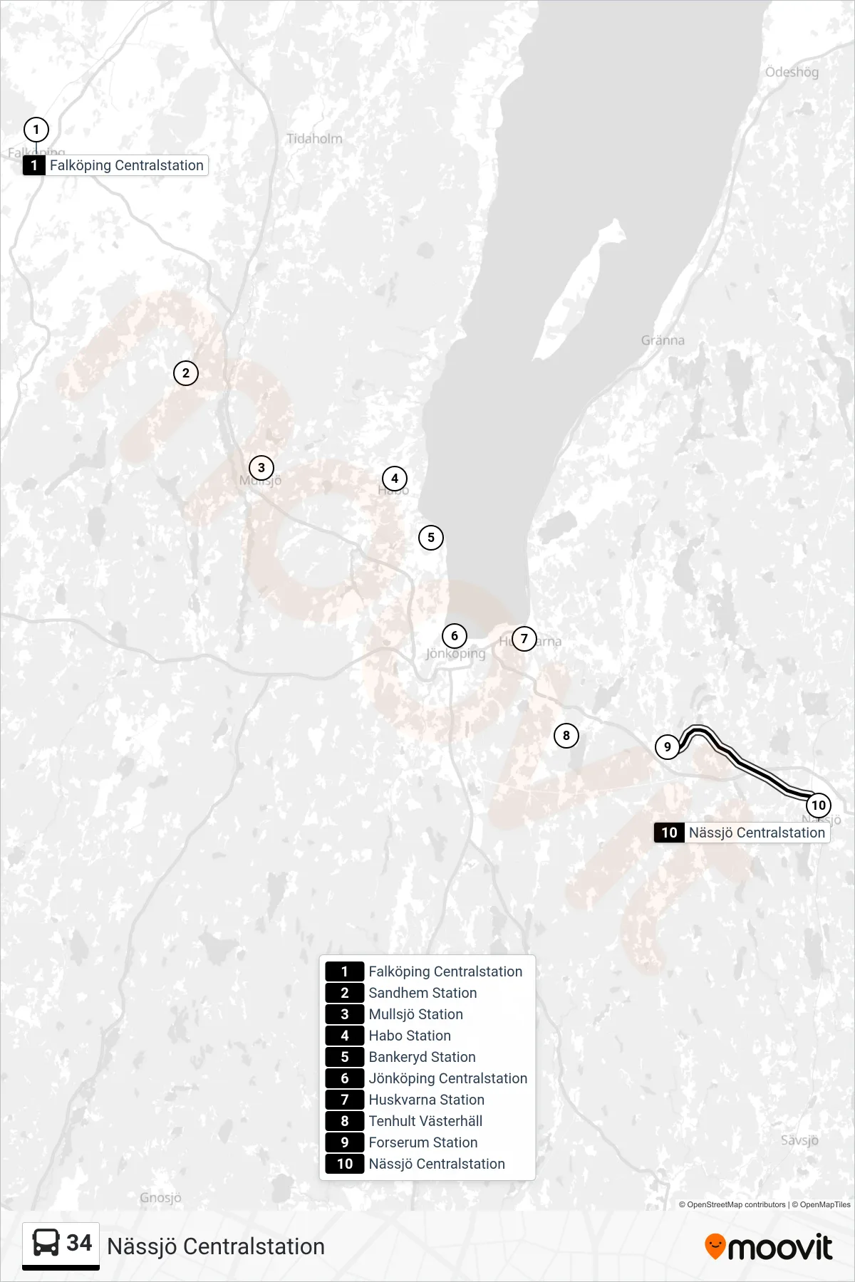 Rutt och hållplatser på karta för linje 34 spårvagn, (Nässjö Centralstation)